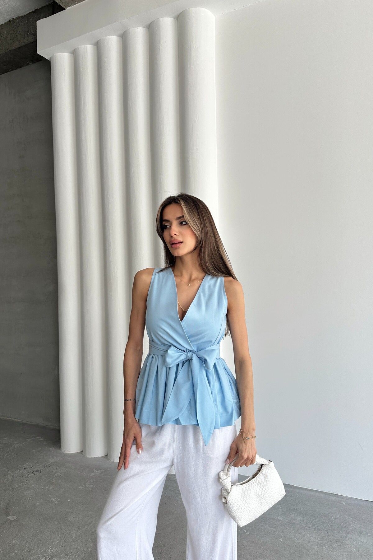 MAT Collection Kadın Mavi Beli Lastikli Kuşaklı Bluz