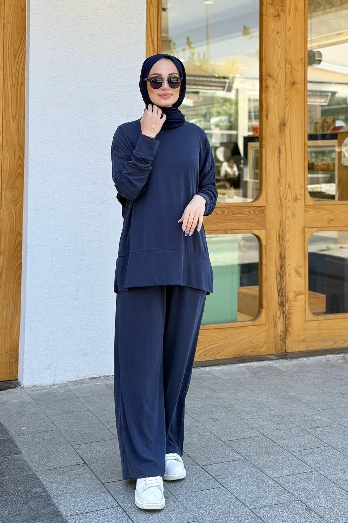 MERVE KAYKISIZ Kalın Manşetli Spor Pantolon Takım Lacivert