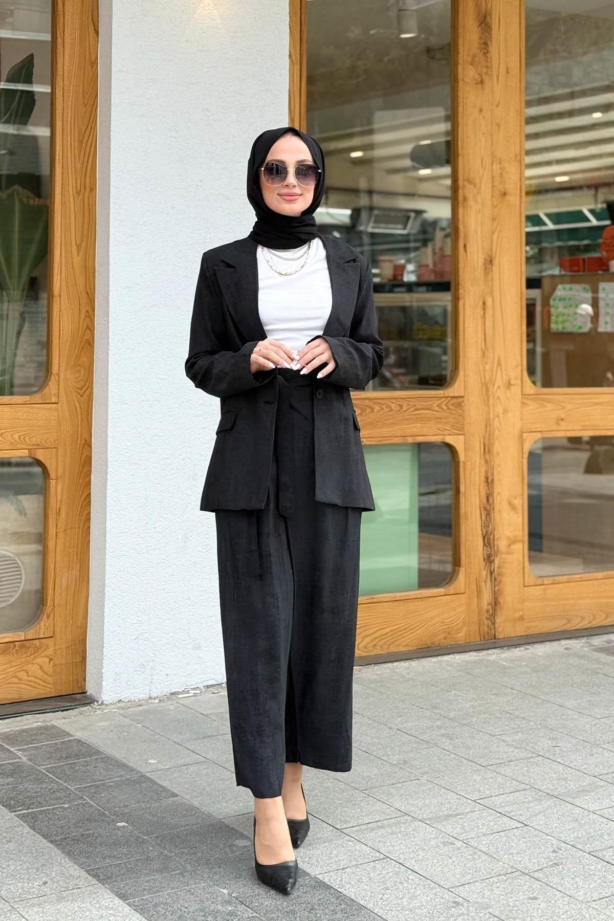 MERVE KAYKISIZ Anvelop Pantolon Ceket Takım Siyah