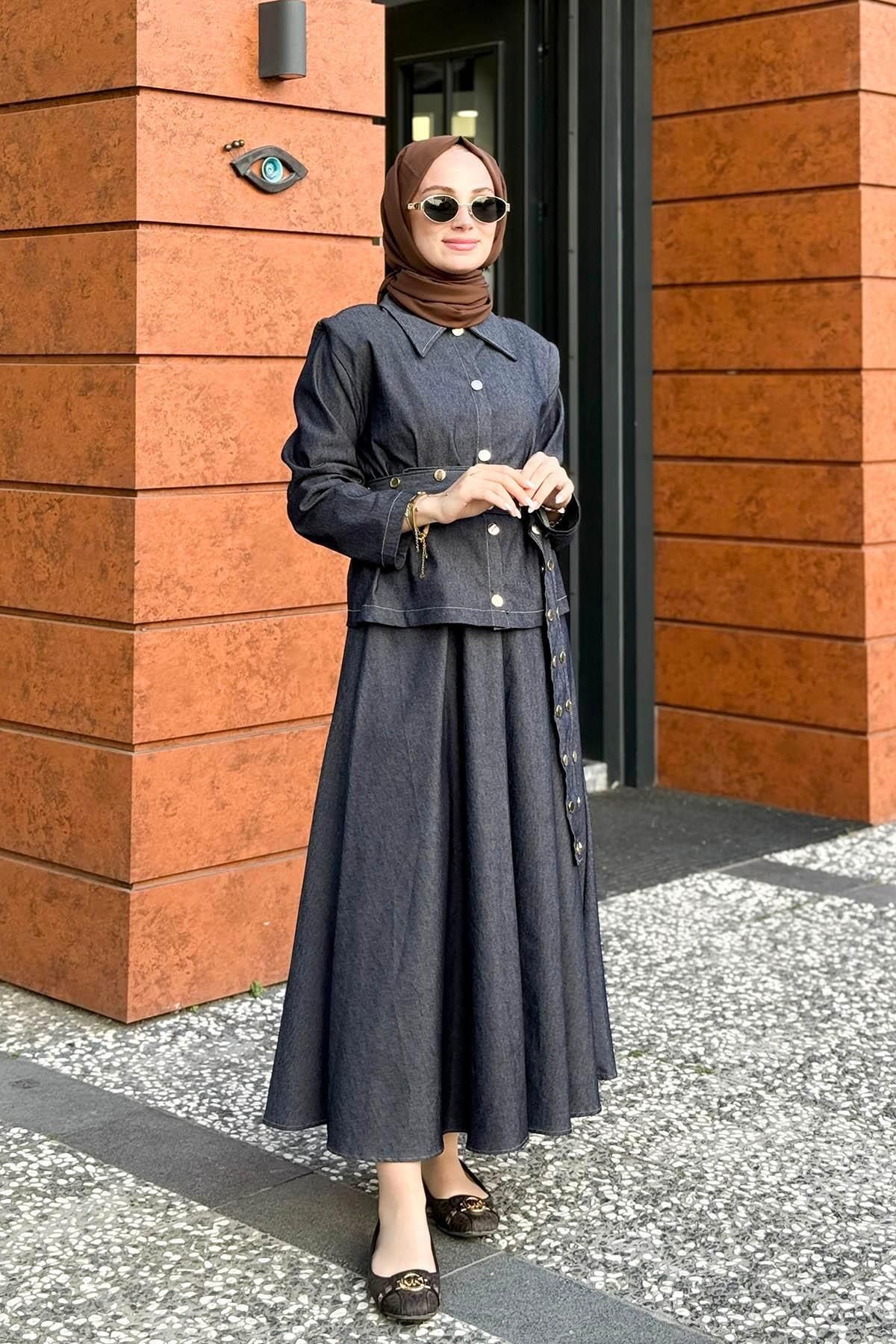 MERVE KAYKISIZ Kemer Çakımlı Kot Etek Takım Lacivert