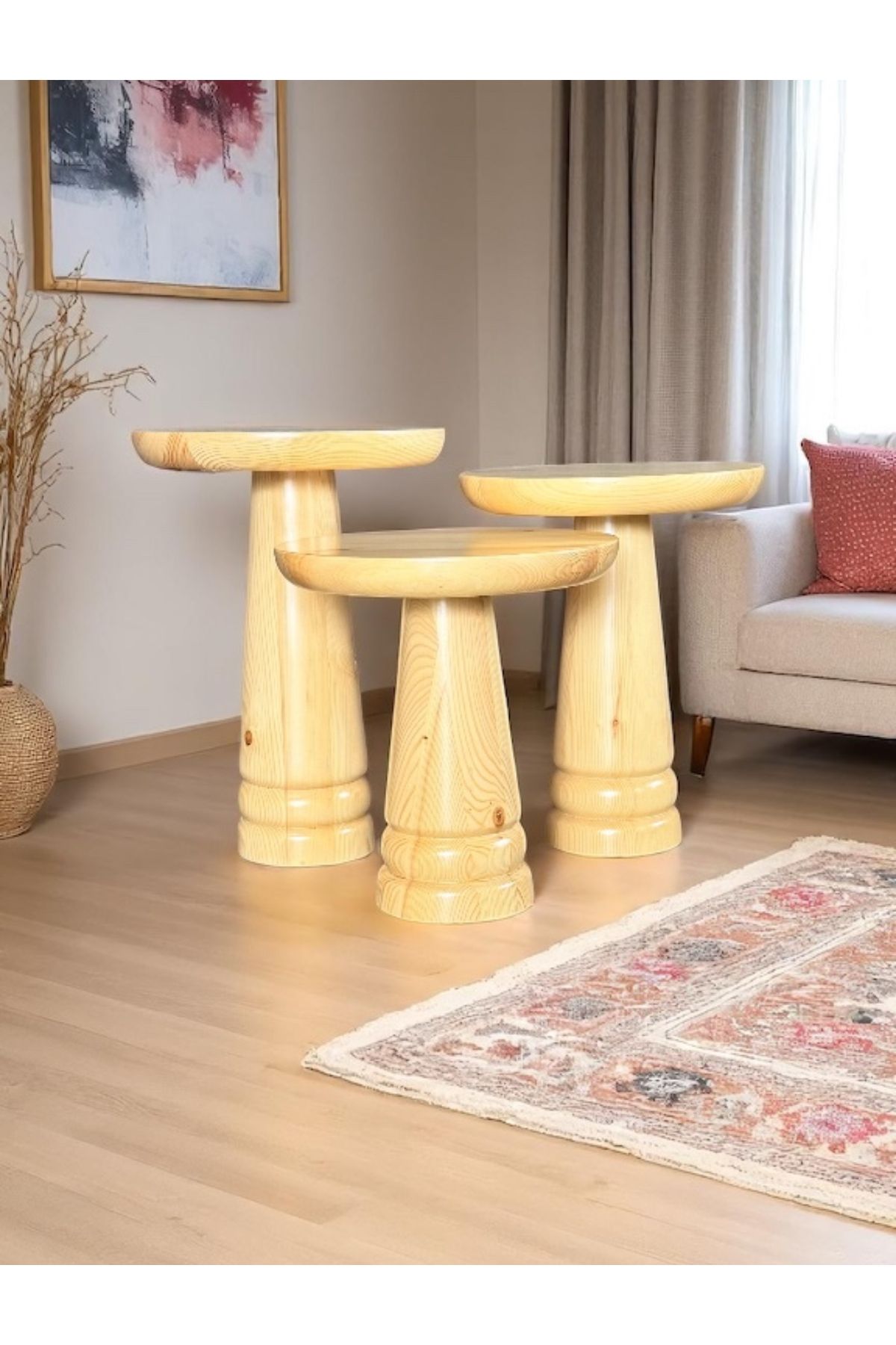ASELYA HOME Doğal Ahşap 3’lü Set Mantar Yan Sehpa Modern Vernikli Fiskos Zigon Çiçeklik