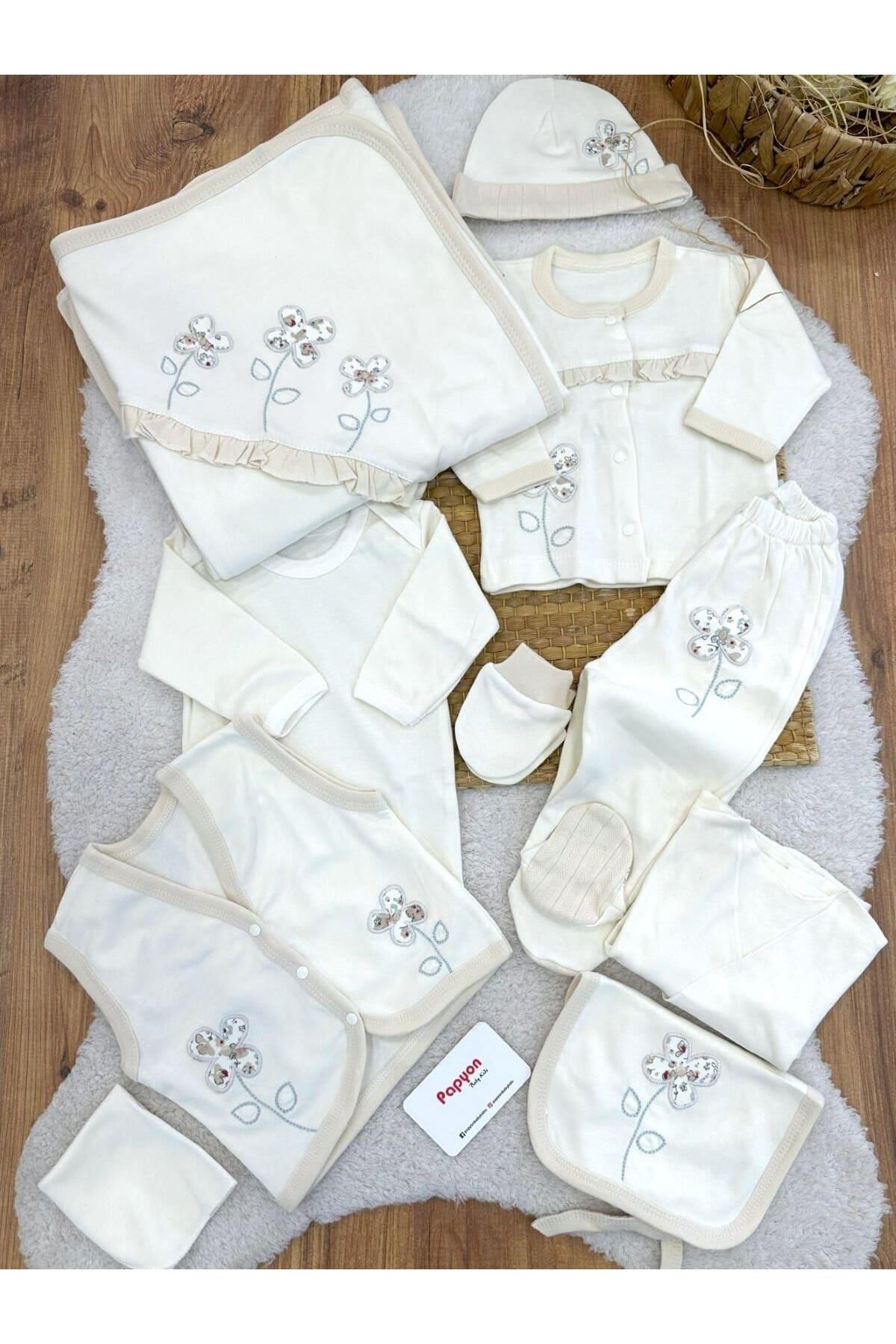 Papyon Baby Kids Çiçek Nakışlı Fırfırlı Yenidoğan Kız Bebek 10lu Zıbın Set Hastane Çıkışı