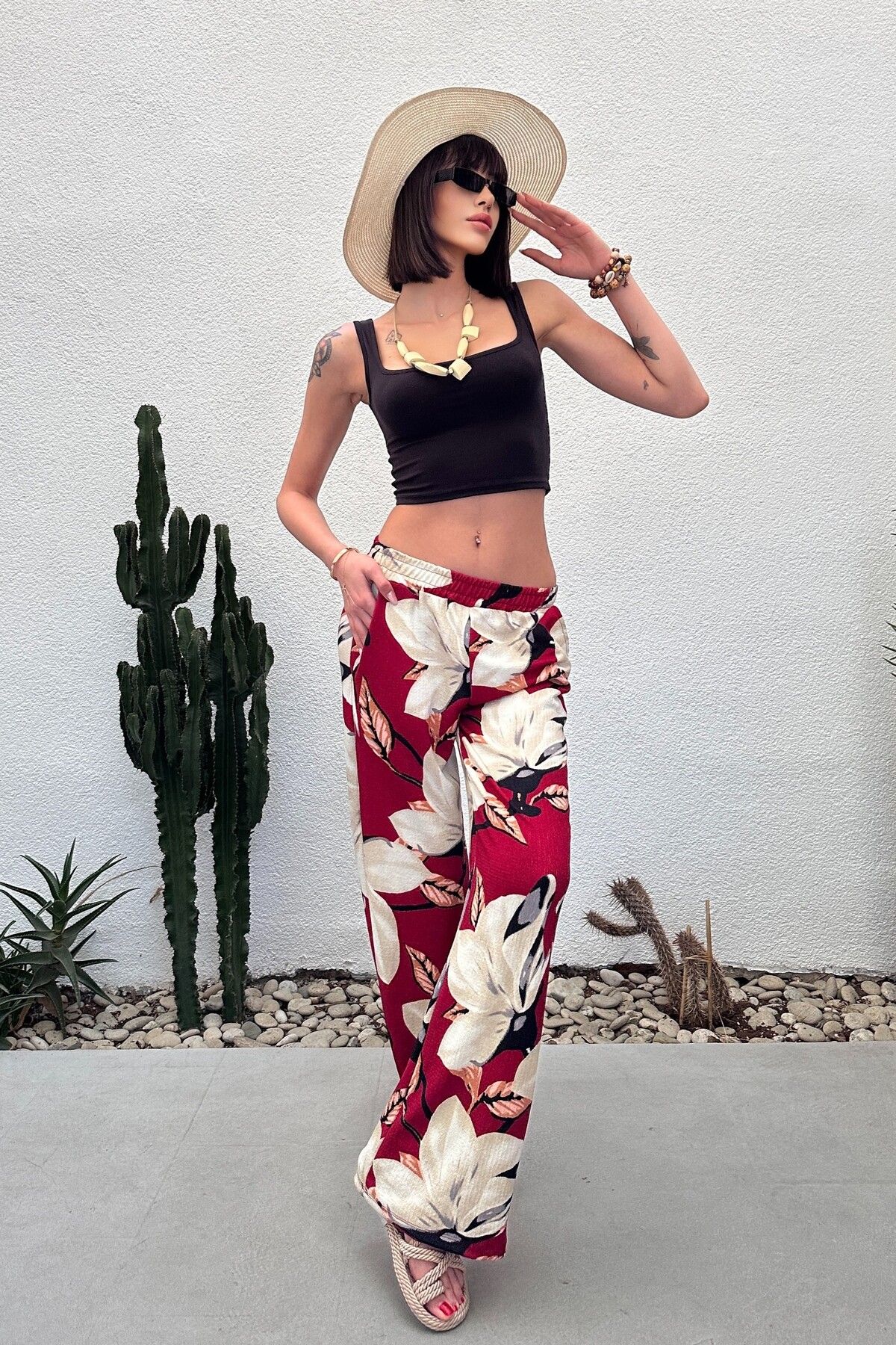 New Now-Leaf Patterned Palazzo Pants with Elastic Waist 7