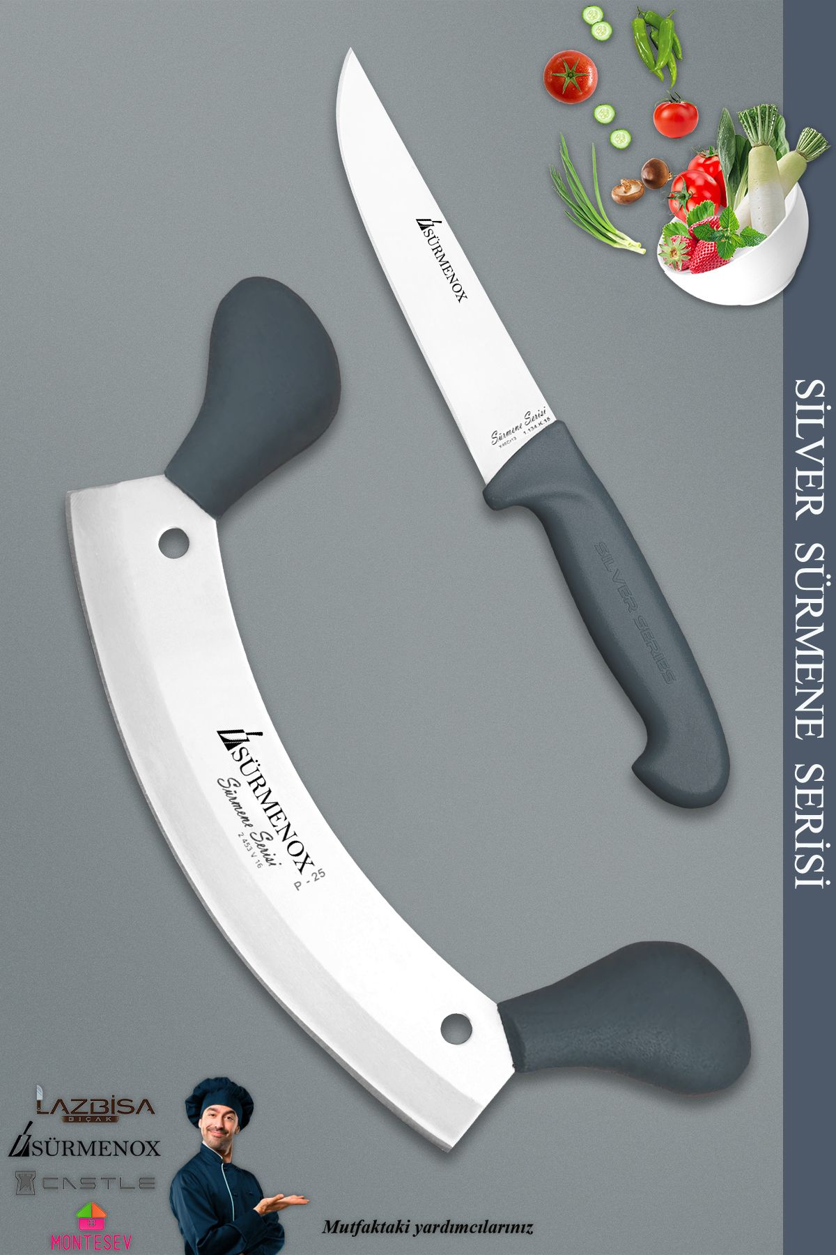 SÜRMENOX Sürmene Silver Serisi Gri Sap Mutfak Bıçak Bıçağı Kıyma Börek Bıçağı Pizza Bıçağı 2 Li ( Srm-017)