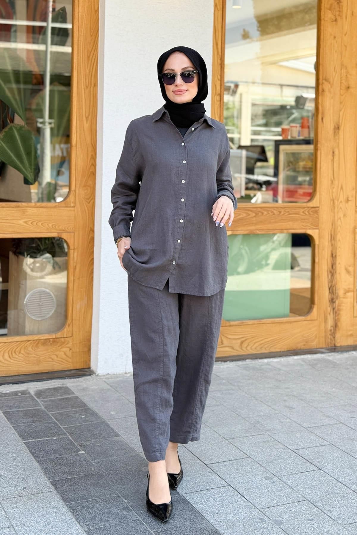 MERVE KAYKISIZ Keten Şalvar Pantolon Takım Füme