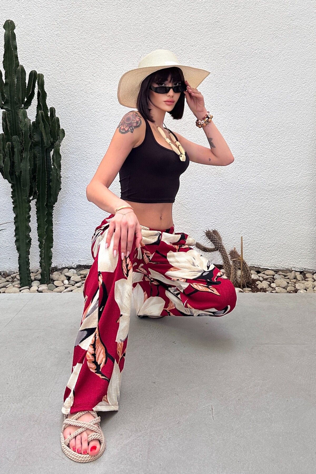 New Now-Leaf Patterned Palazzo Pants with Elastic Waist 6