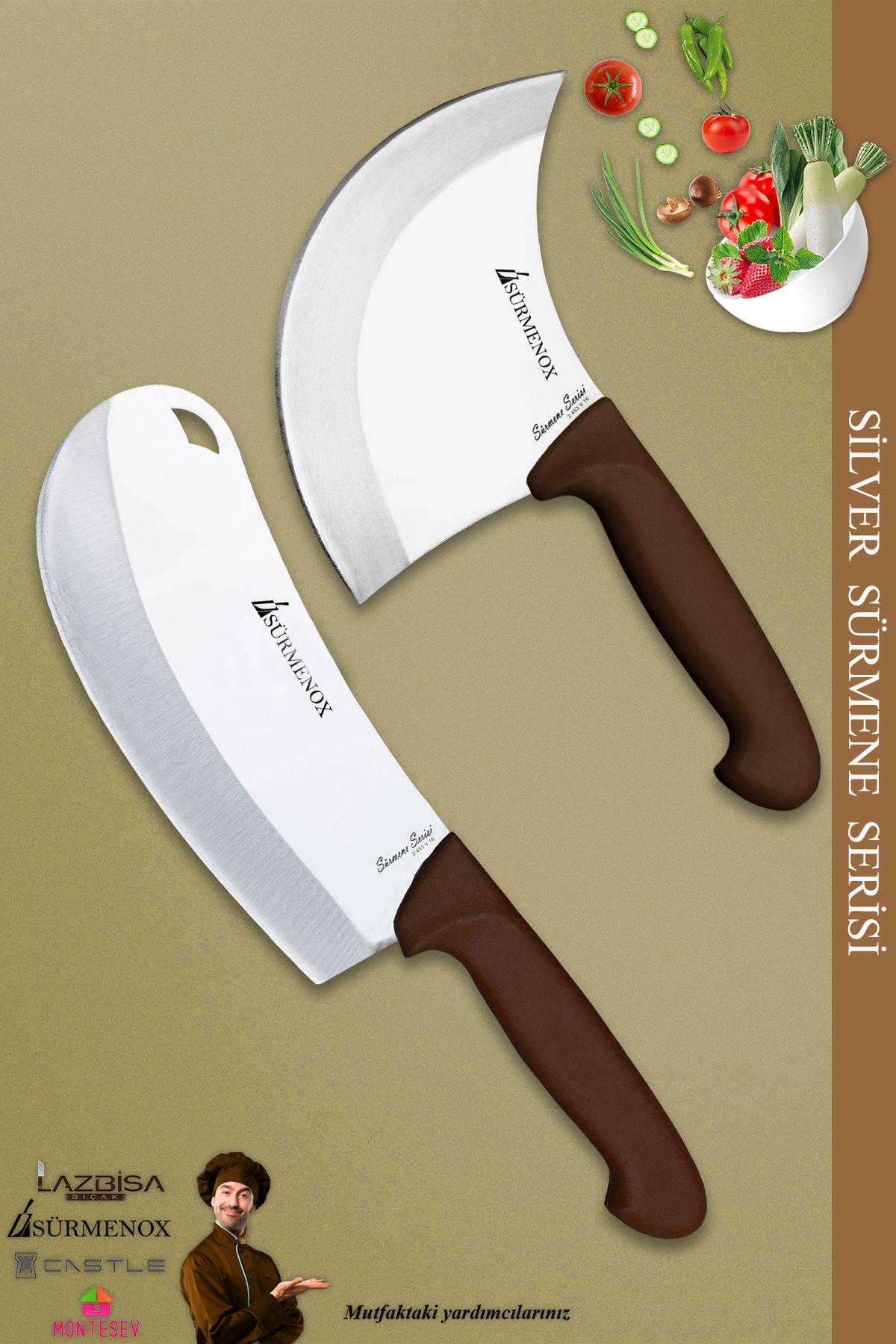 SÜRMENOX Sürmene Silver Serisi Kahve Sap Mutfak Bıçak Börek Bıçağı Pizza Pide Bıçağı 2 Li Set ( Srm-021 )