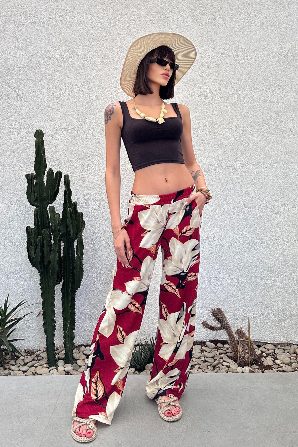 New Now-Leaf Patterned Palazzo Pants with Elastic Waist 5