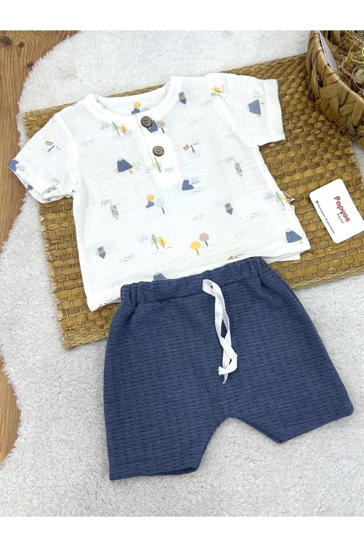Papyon Baby Kids Baskılı Müslin Gömlekli Erkek Bebek Şortlu Takım (6-9/9-12/12-18/18-24/24-36 Ay)