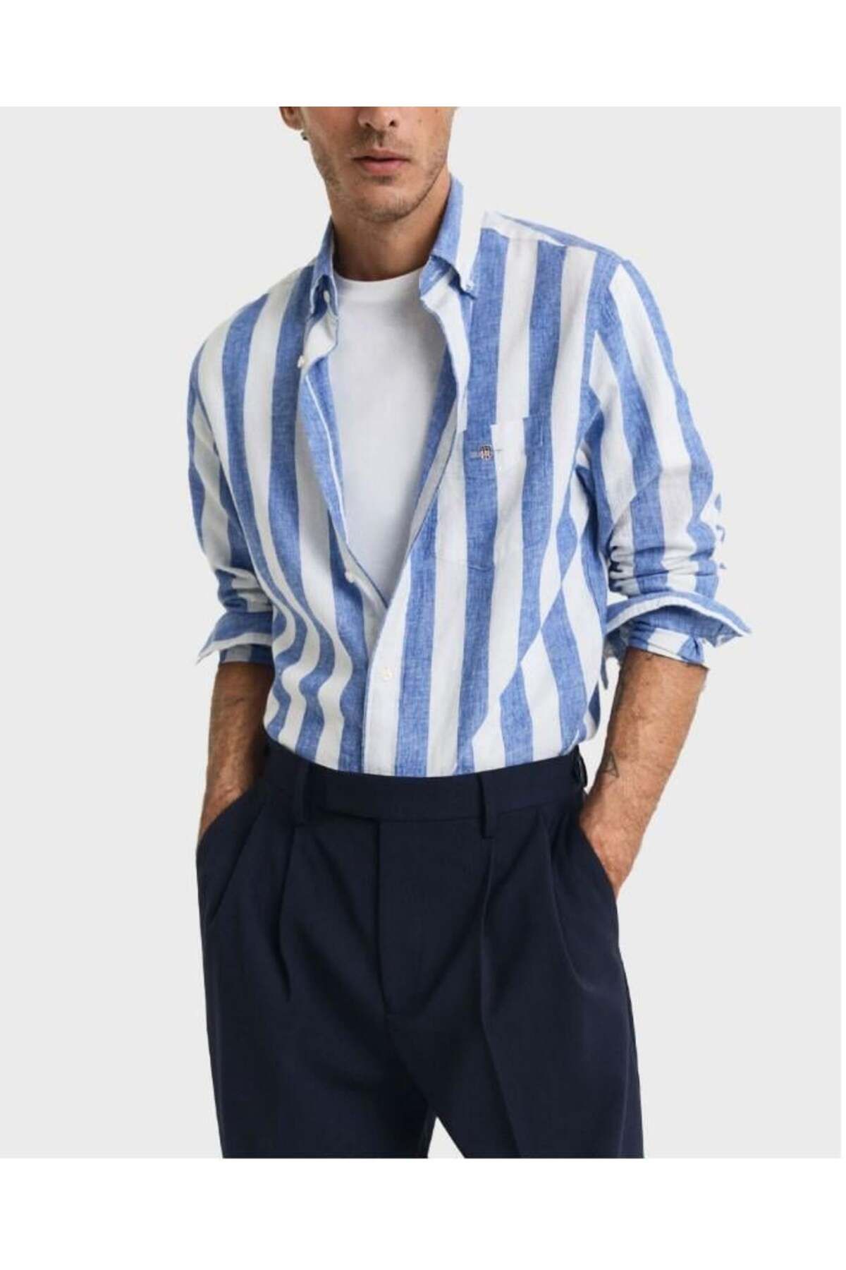 Gant Erkek Mavi Regular Fit Düğmeli Yaka Çizgili Gömlek