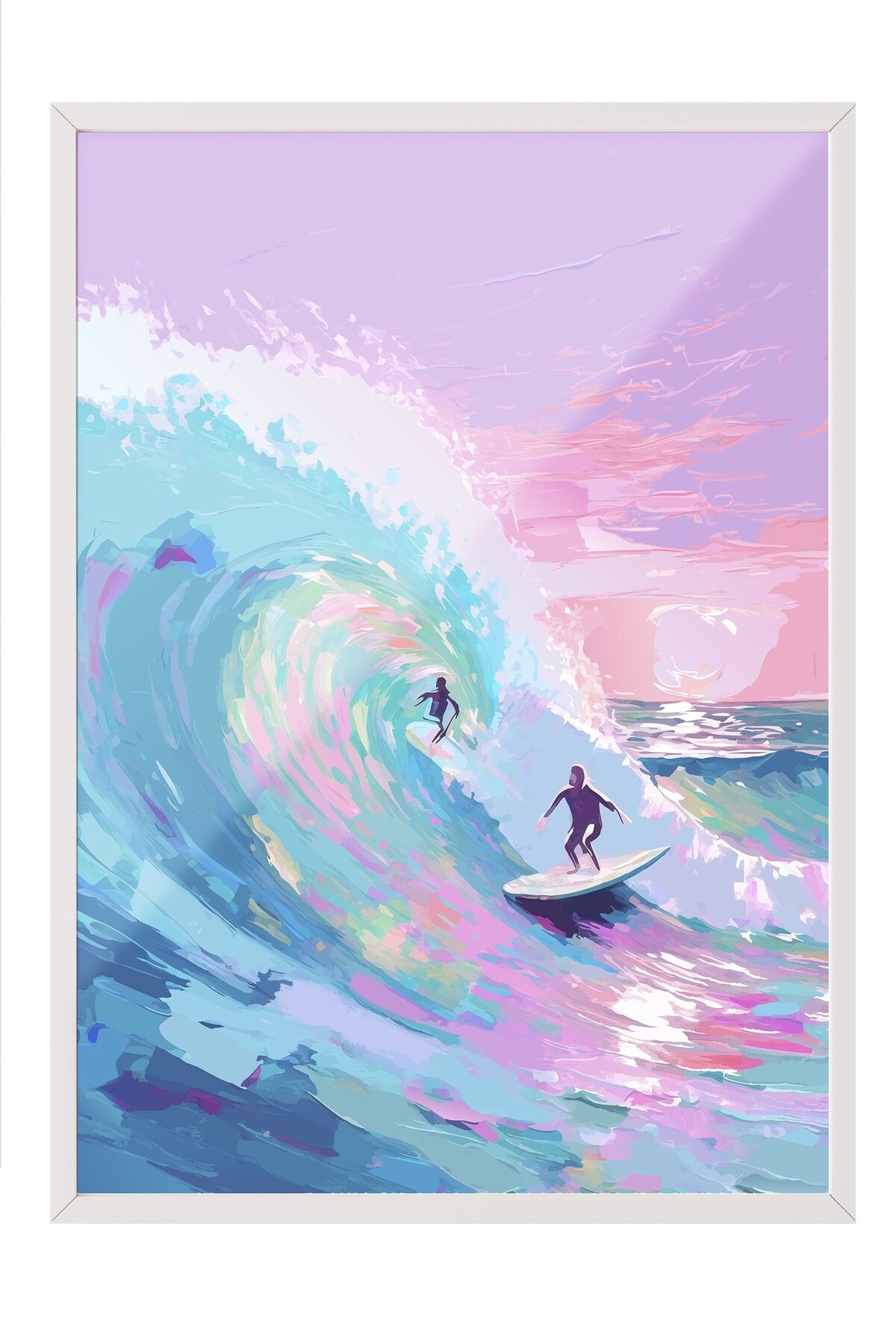 Postifull Beyaz Çerçeveli Tablo, Sörfçü, Dalga, Okyanus, illüstrasyon, Impressionist, Mavi, Pembe Renk Poster,