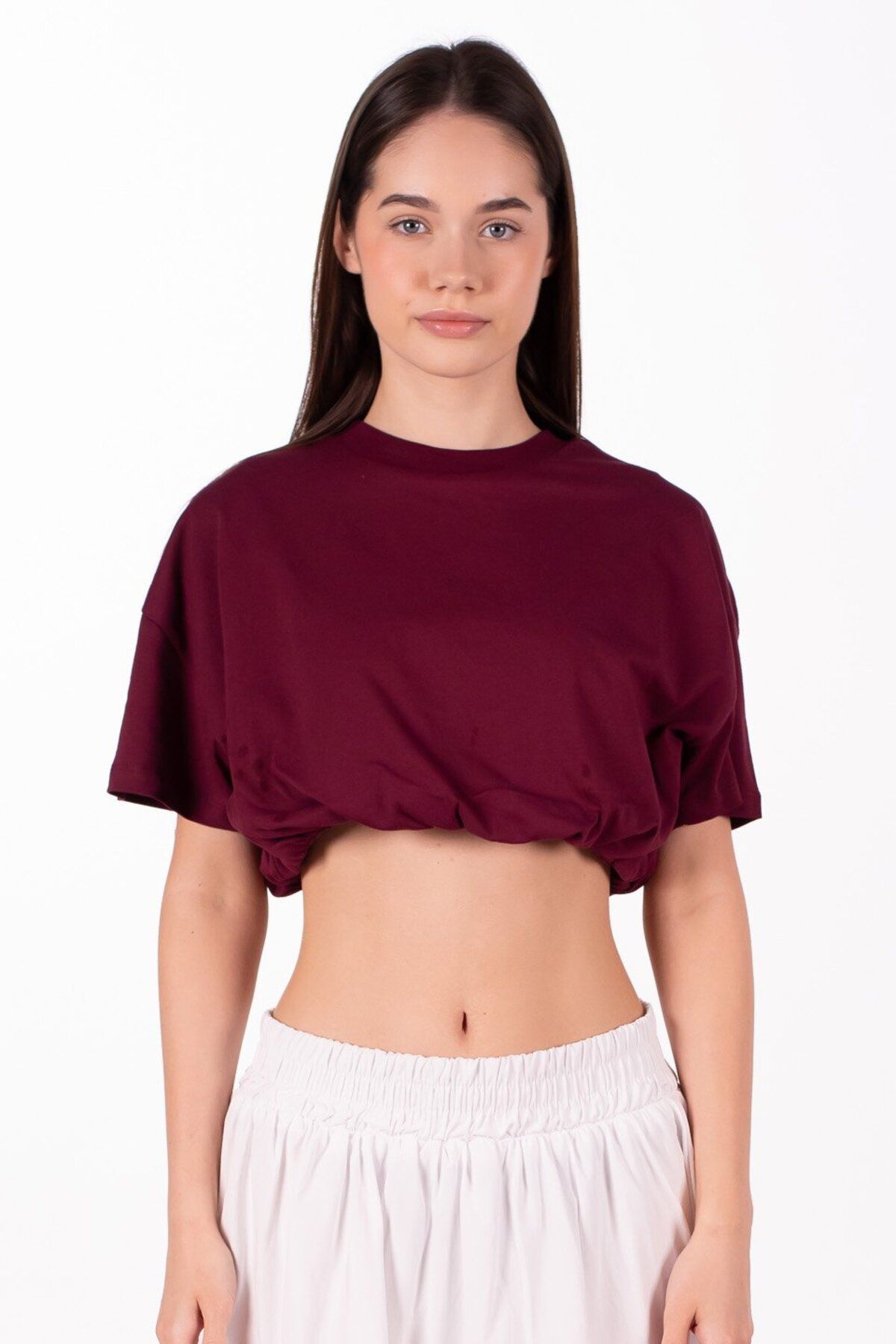 BARRELS AND OIL Kısa Kollu Crop Balon T-Shirt - Bordo