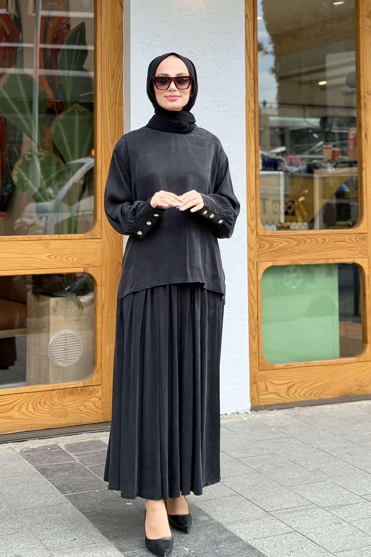 MERVE KAYKISIZ İpek Cupra Etek Takım Siyah