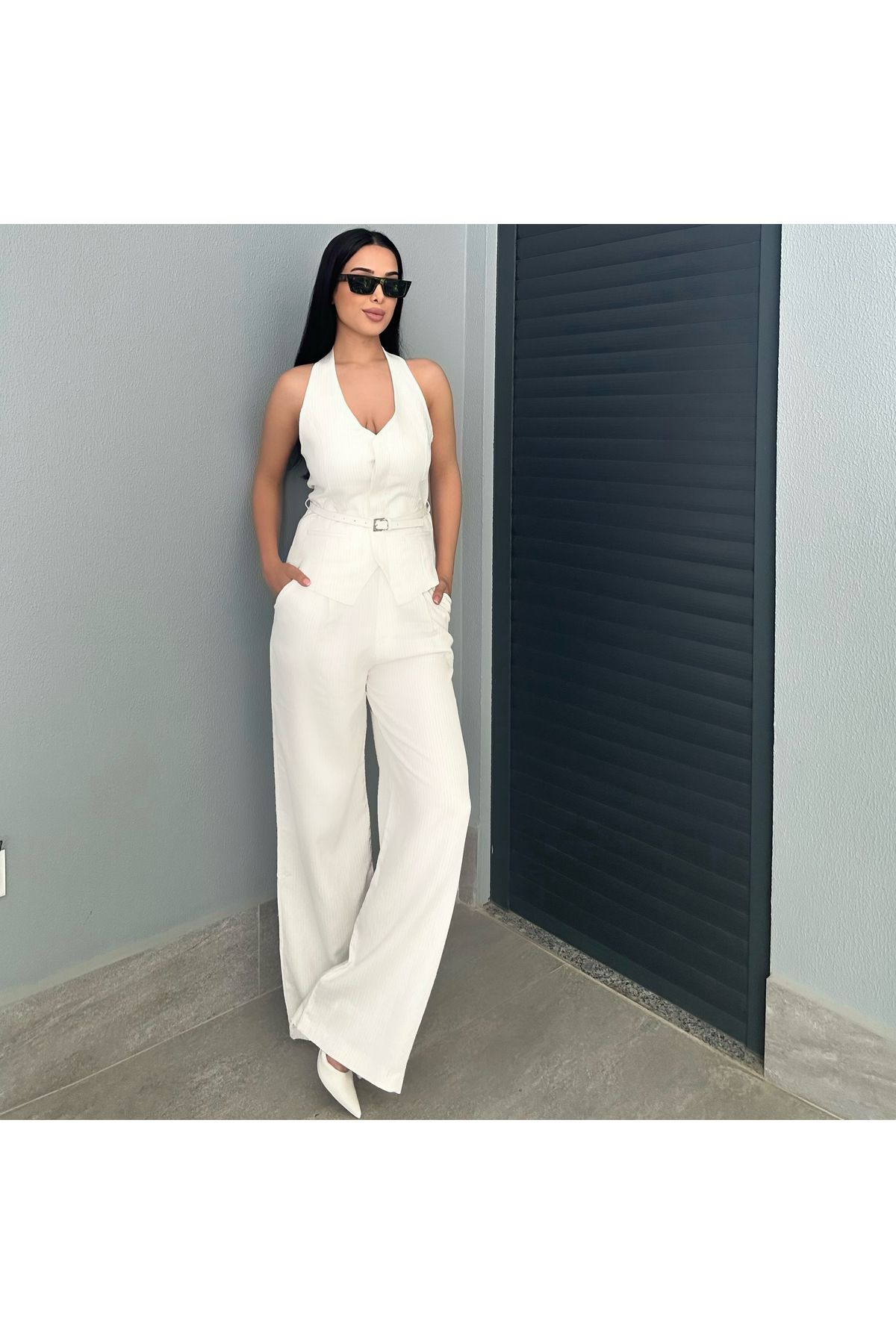 NurKaraBoutique Beyaz Keten Kemerli Yelek Pantolon Takım