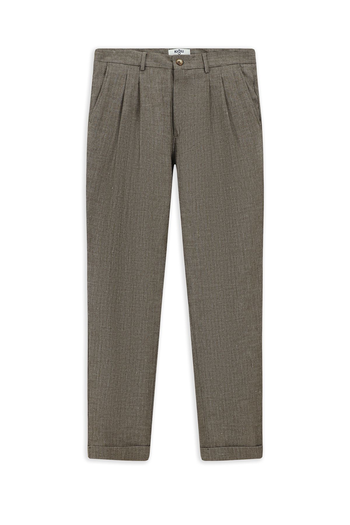Kiğılı Slim Fit Dar Kesim Desenli Keten Karışımlı Pileli Klasik Kumaş Pantolon