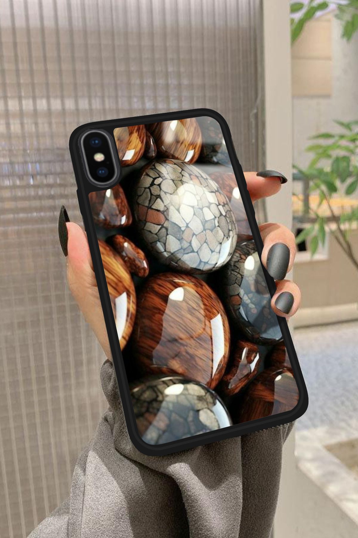 Snacase iPhone Xs Uyumlu Kahverengi Taş Tasarımlı Glossy Premium Kılıf