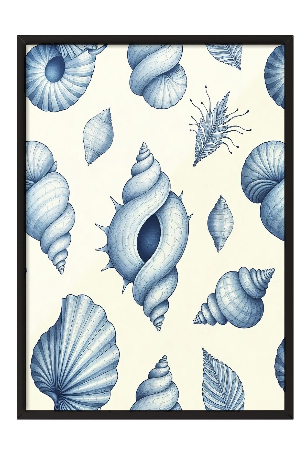 Postifull Siyah Çerçeveli Poster, Deniz Kabukları, İllüstrasyon, Mavi Renk Poster, 2025 Yaz Seçkisi, NO:109686