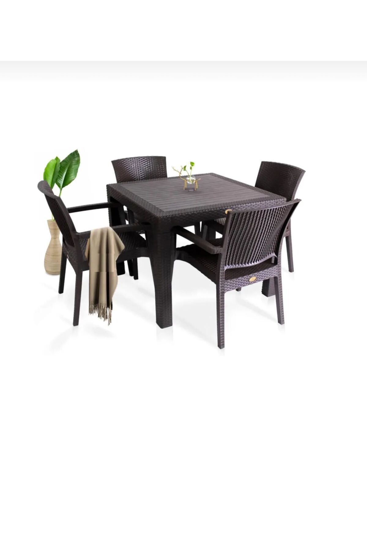 holzwelt 4 Kişilik Bahçe Balkon Takımı Masa Sandalye Seti Rattan Sandalye 90x90 Camsız Masa Plastik