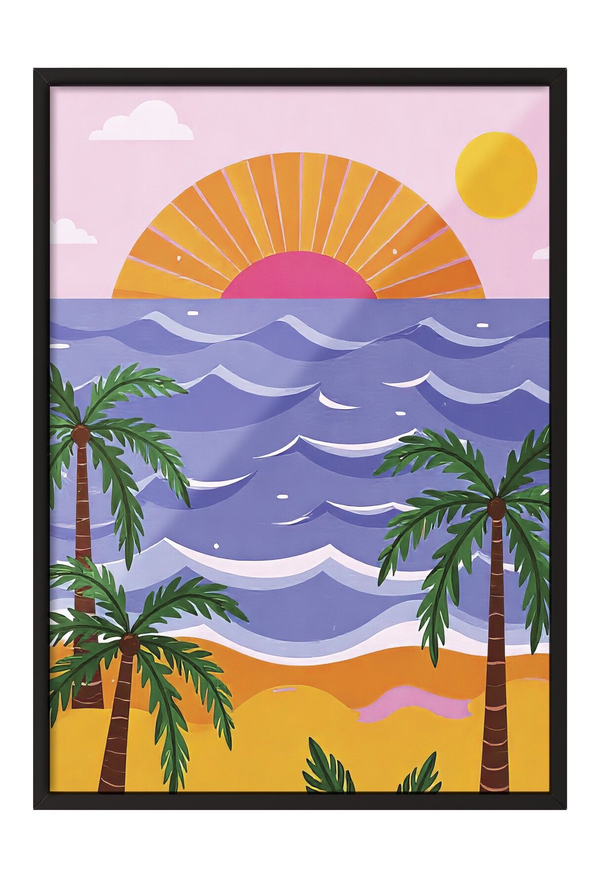 Postifull Siyah Çerçeveli Tablo, Plaj Manzarası, İllüstrasyon, Maximalist, Pembe Renk Poster, 2025 Yaz Seçkisi