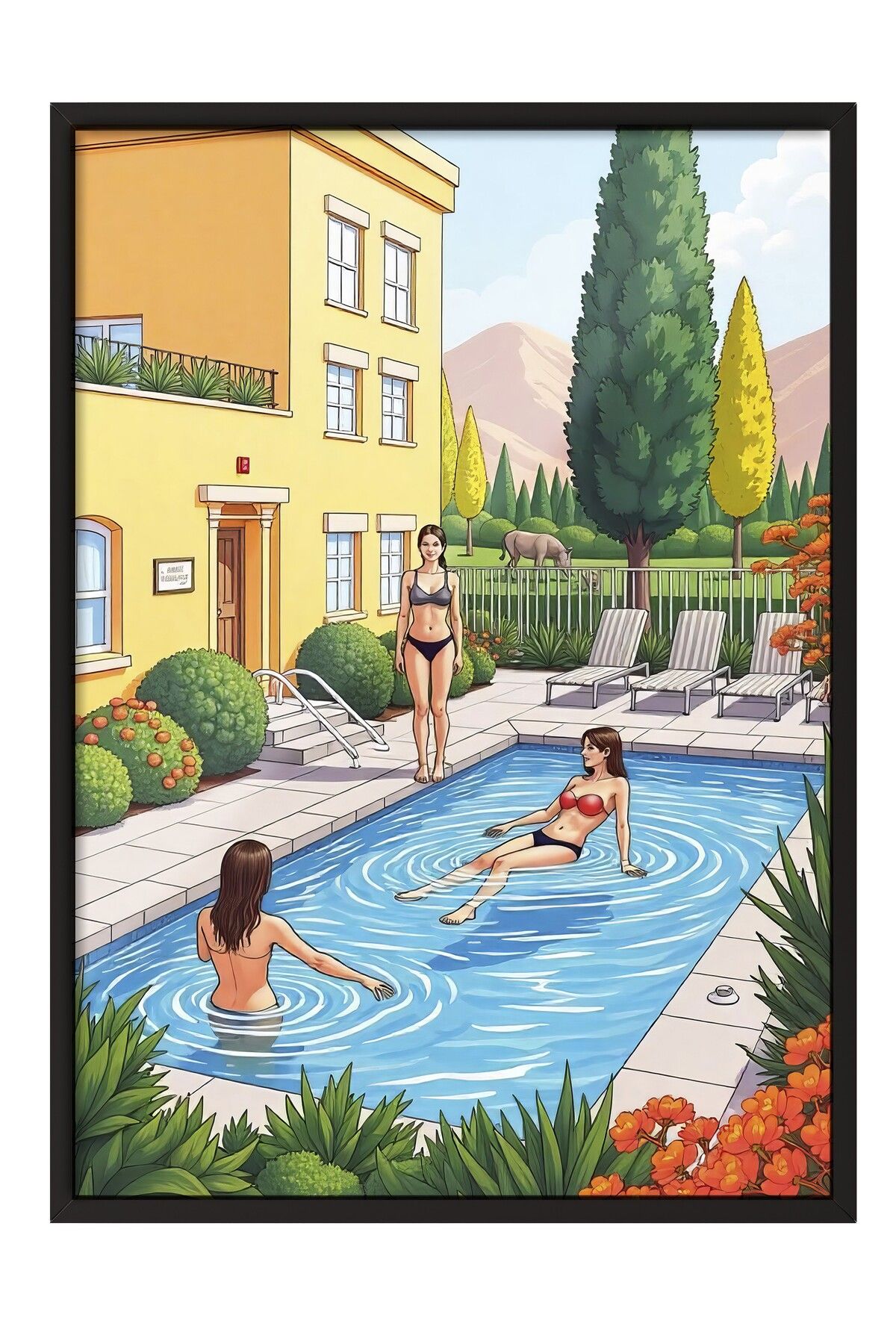 Postifull Siyah Çerçeveli Tablo, Havuz Partisi, İllüstrasyon, Maximalist, Mavi Renk Poster, 2025 Yaz Seçkisi,