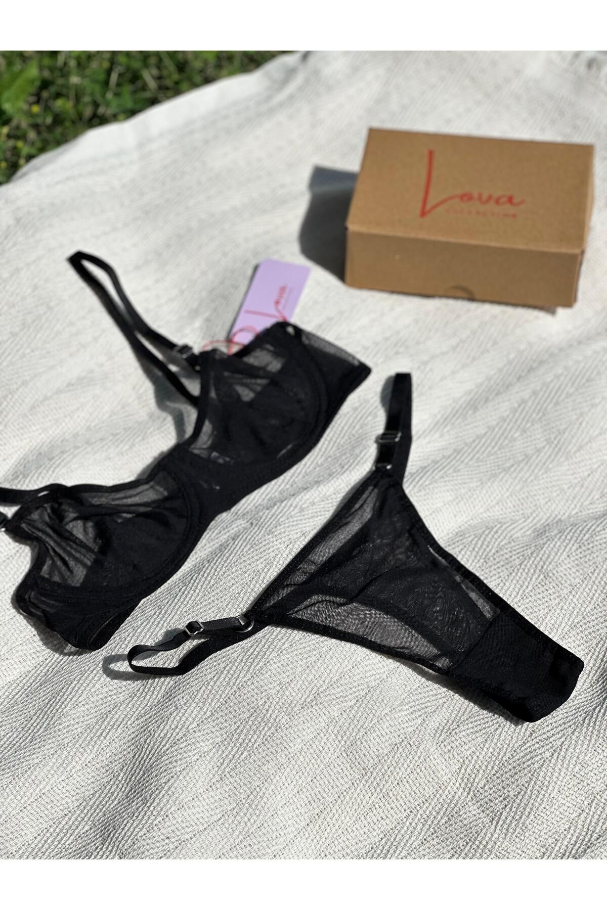 Lova Collection Laura Siyah Balenli Tül Bralet Takım