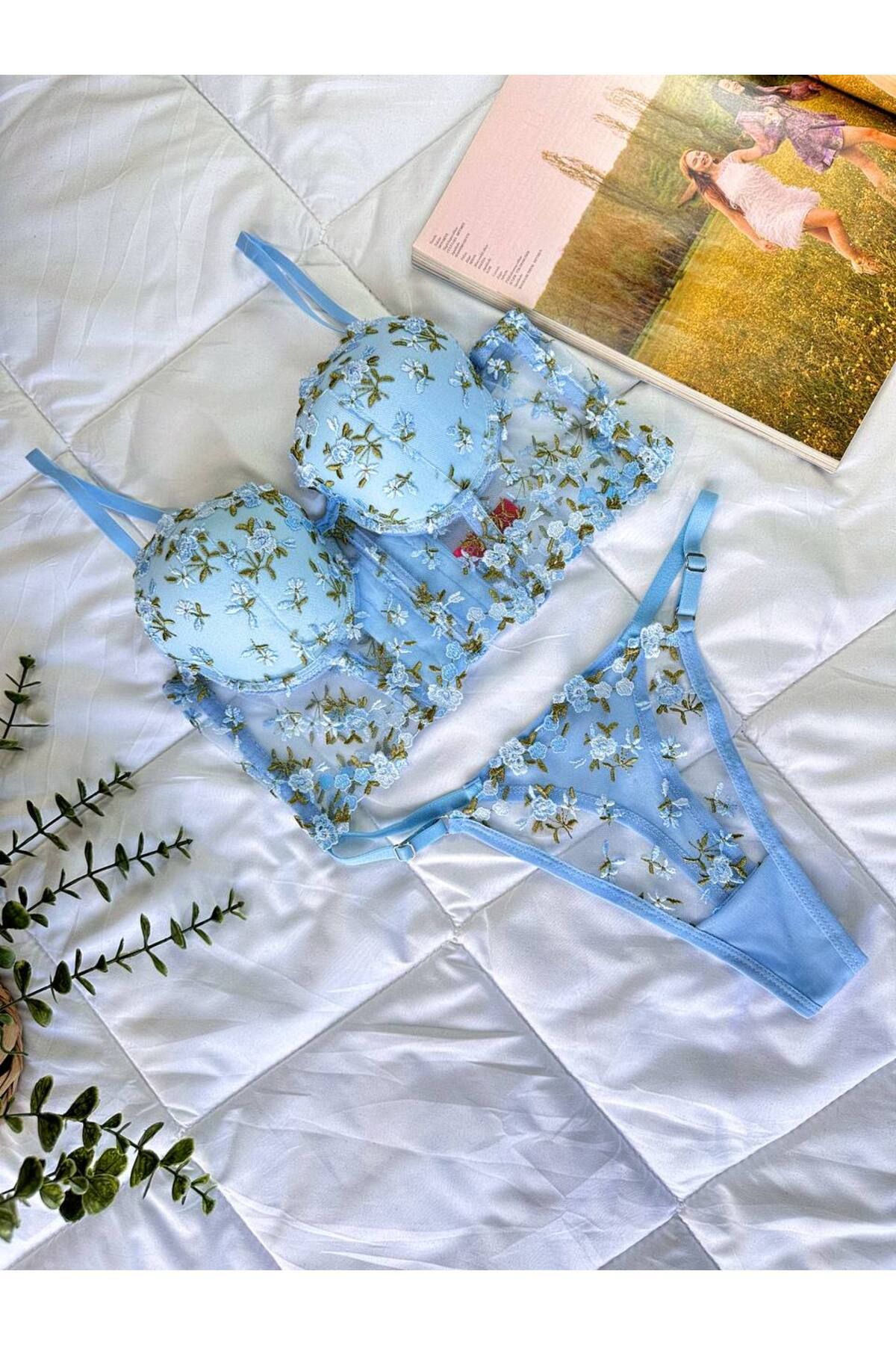 FREZYA UNDERWEAR MAVİ ÇİÇEKLİ BÜSTİYER TAKIM