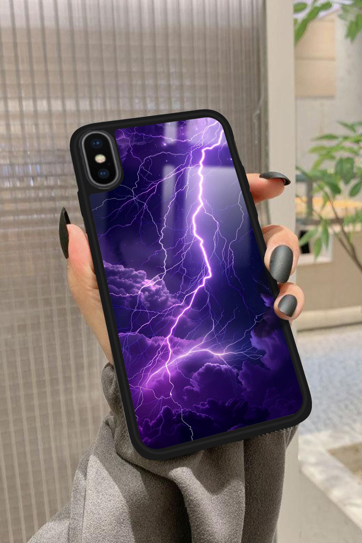 Snacase iPhone X Uyumlu Mor Şimşek Tasarımlı Glossy Premium Kılıf