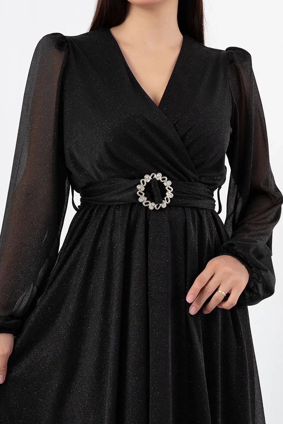 Neşeli Butik kadın kemer ve vatka detaylı simli midi elbise RYMY3590