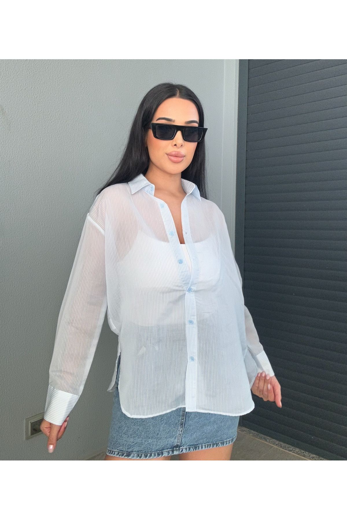 NurKaraBoutique Çizgili Transparan Mavi Keten Gömlek