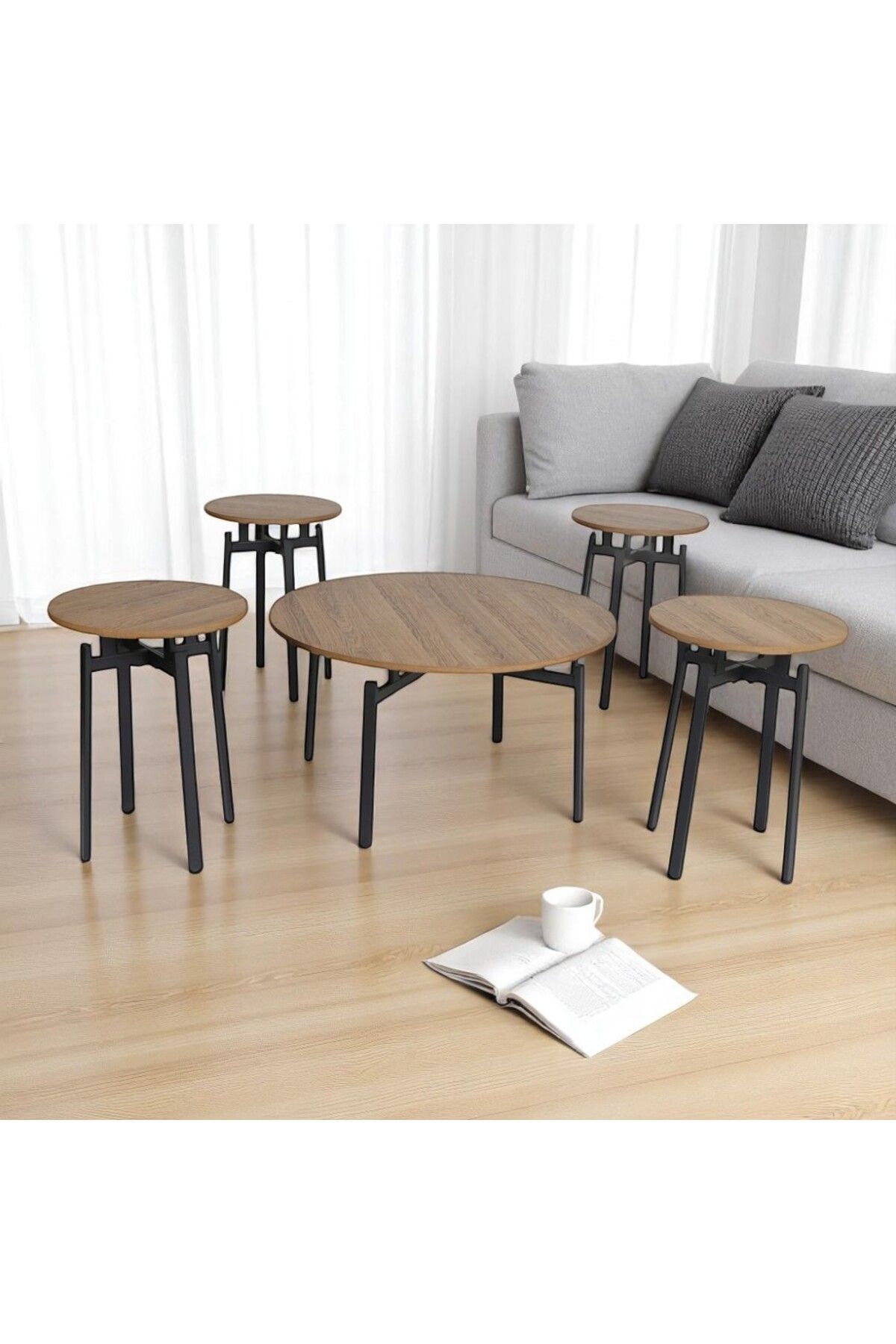 mr-everything-Coffee table set with 4 serving pieces in a simple, modern design, combining light wood and black metal. 1