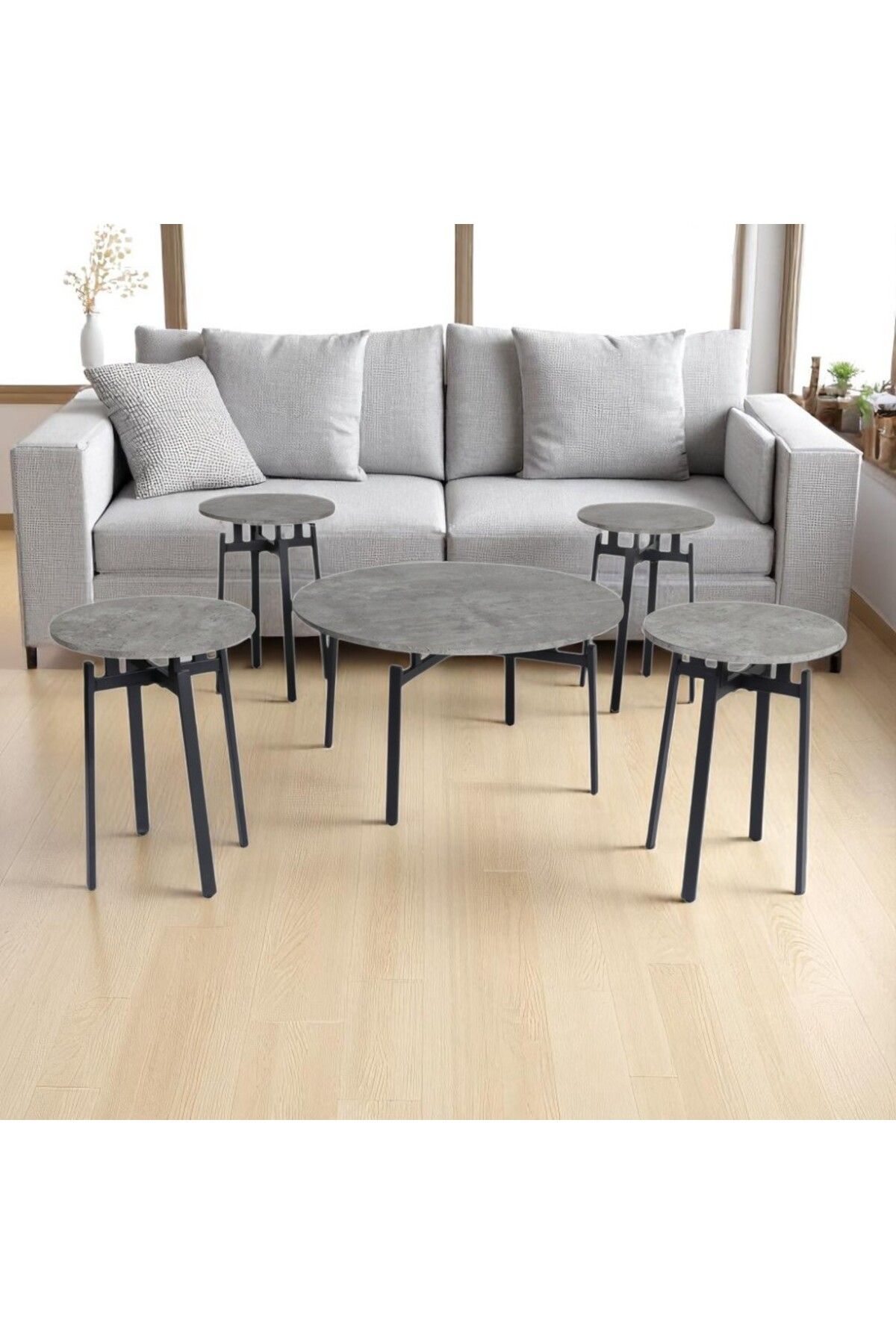 mr-everything-This 4-server coffee table set features an attractive, modern design, featuring a concrete-like grey top and a sturdy black metal frame. 1