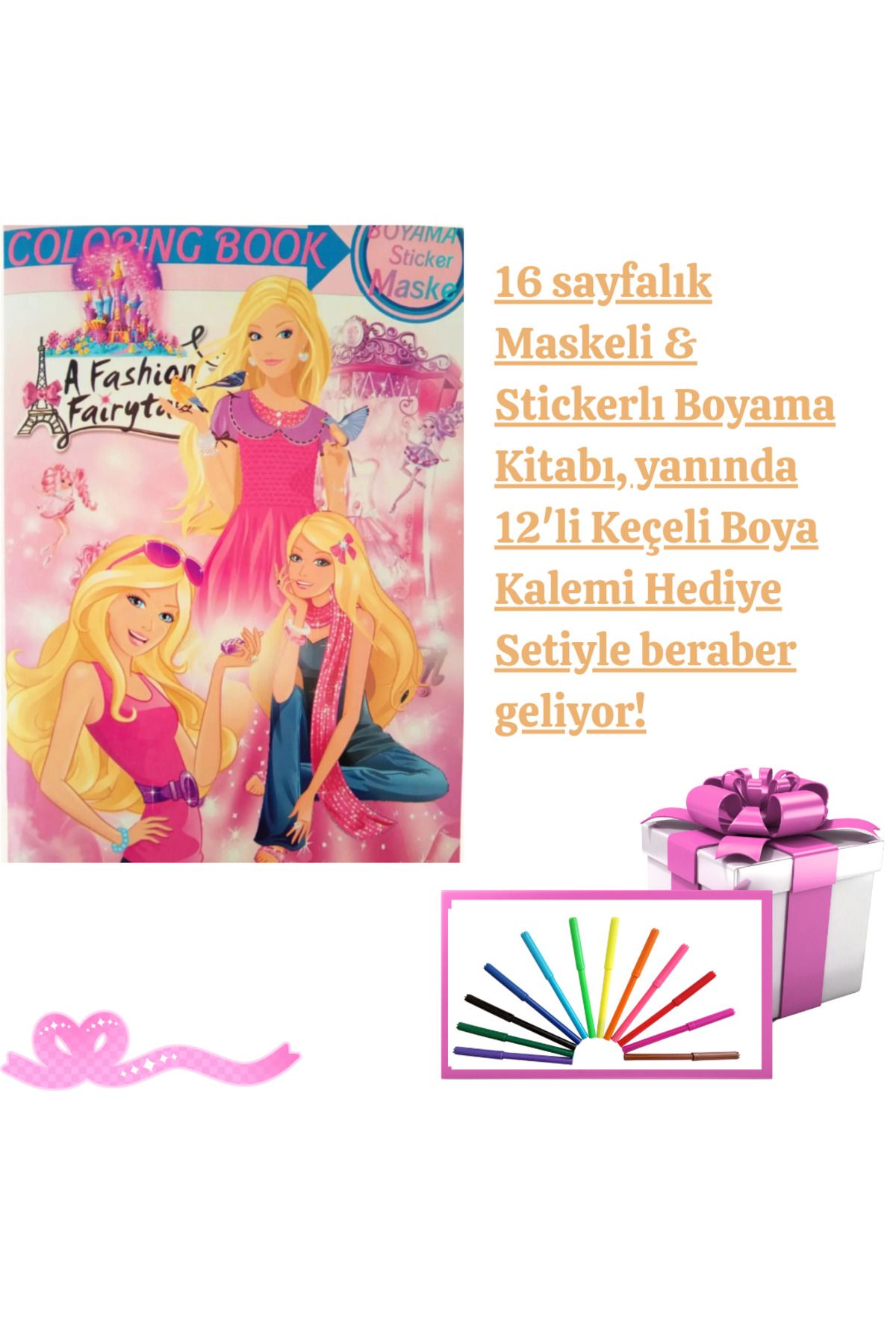 booddie Barbie Barbi Boyama Kitabı Stickerlı (arka Kapak Kesilerek Maskeli ) 12'li Keçeli Boya Seti