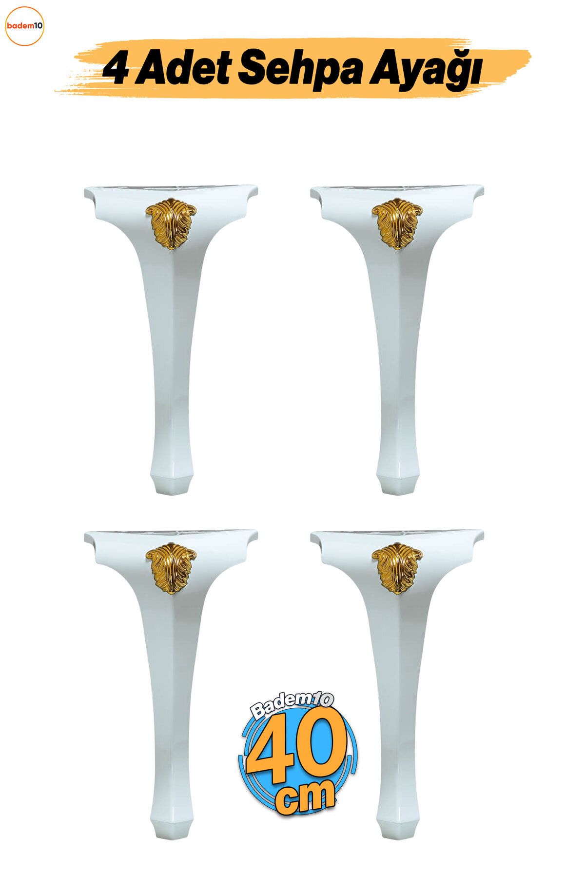 Badem10 Lukens 4 ADET Beyaz Gold Sehpa Masa Ayakları 40 cm Plastik Ayak Mobilya Zigon Orta Sehpası Ayağı