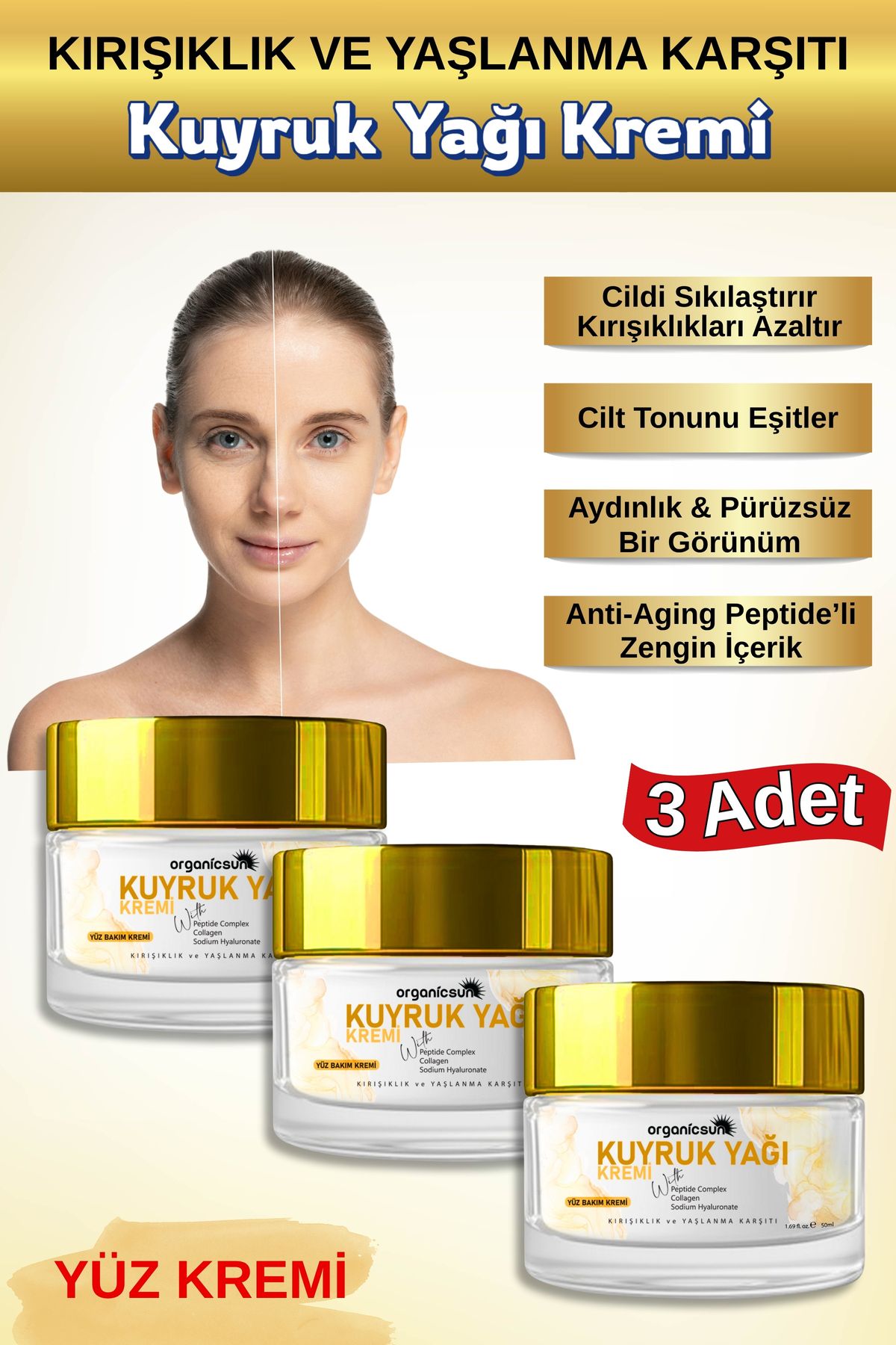Organicsun Kuyruk Yağı Kremi 3'lü Set | Kırışıklık & Yaşlanma Karşıtı Yüz Bakım Kremi 50ml - Collagen İlaveli