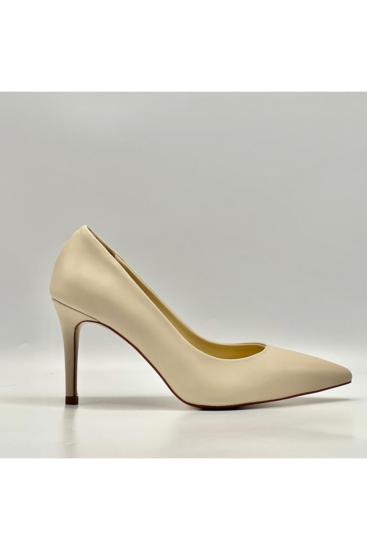 Ametist Nadia %100 Gerçek Deri Bej Stiletto – 9 cm Topuk