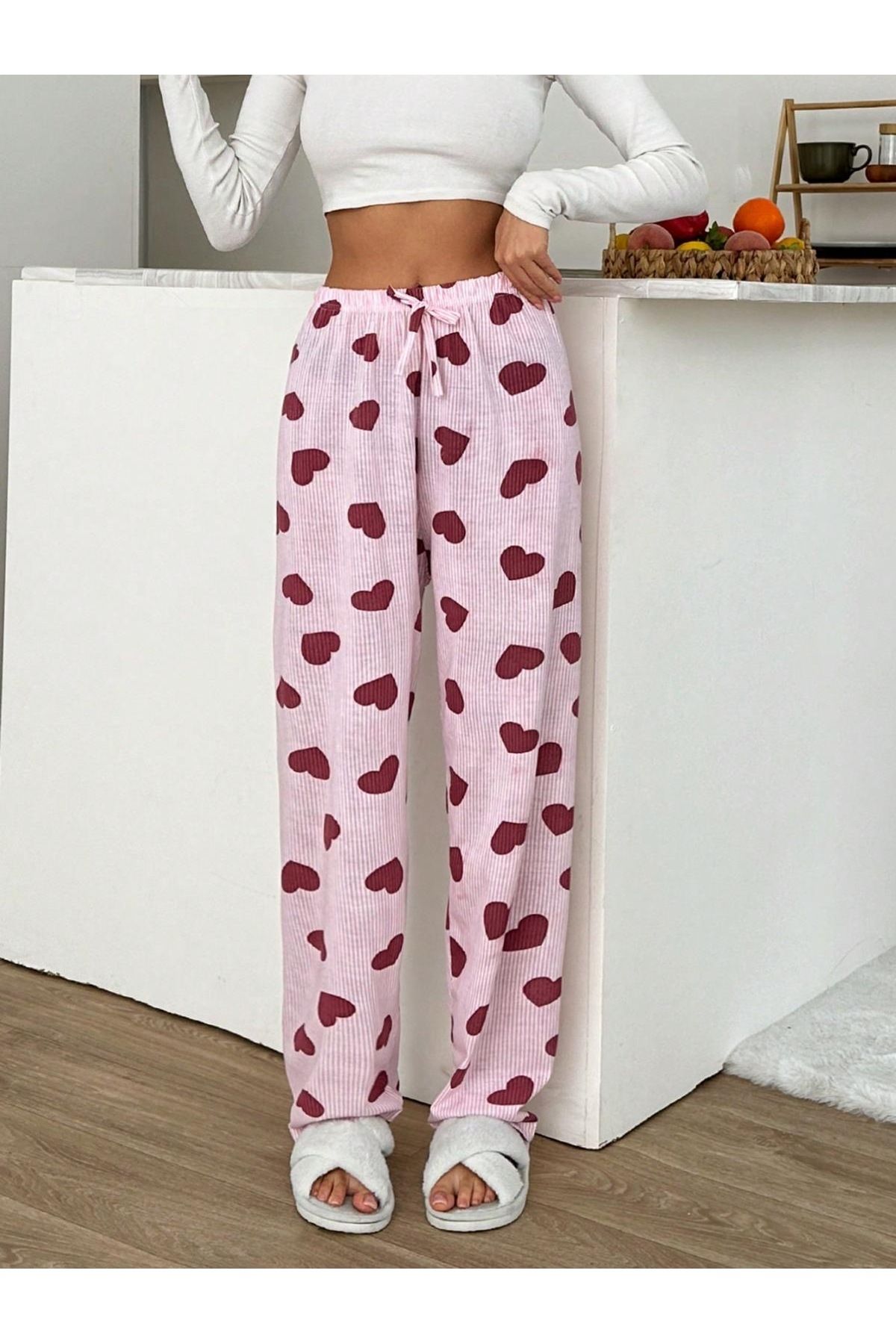 FORVENS Pamuklu İnce Nefes Alan Kumaş Kurdele Bel Detaylı Baskılı Cepsiz Kadın Pijama Altı