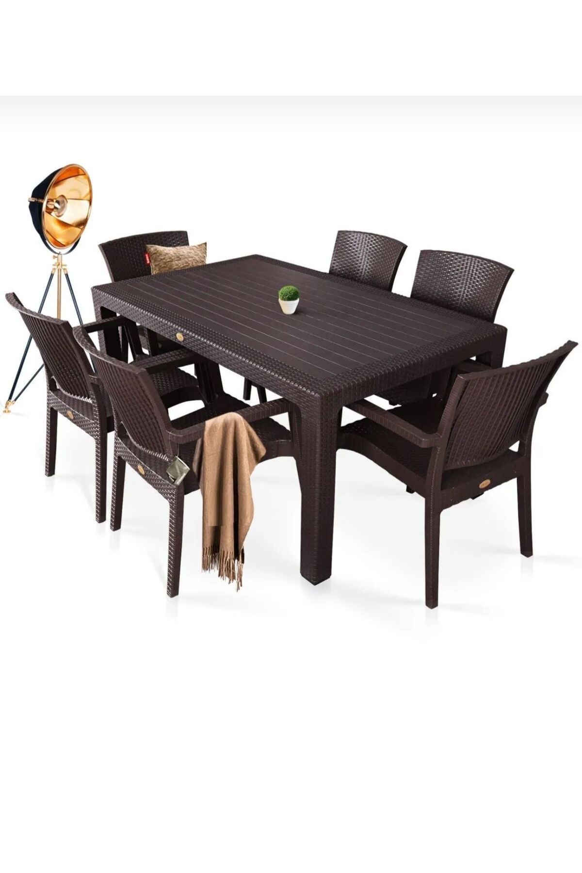 holzwelt 6 Kişilik Bahçe Balkon Takımı Rattan Masa Takımı Plastik Masa Sandalye 90x150 Camsız