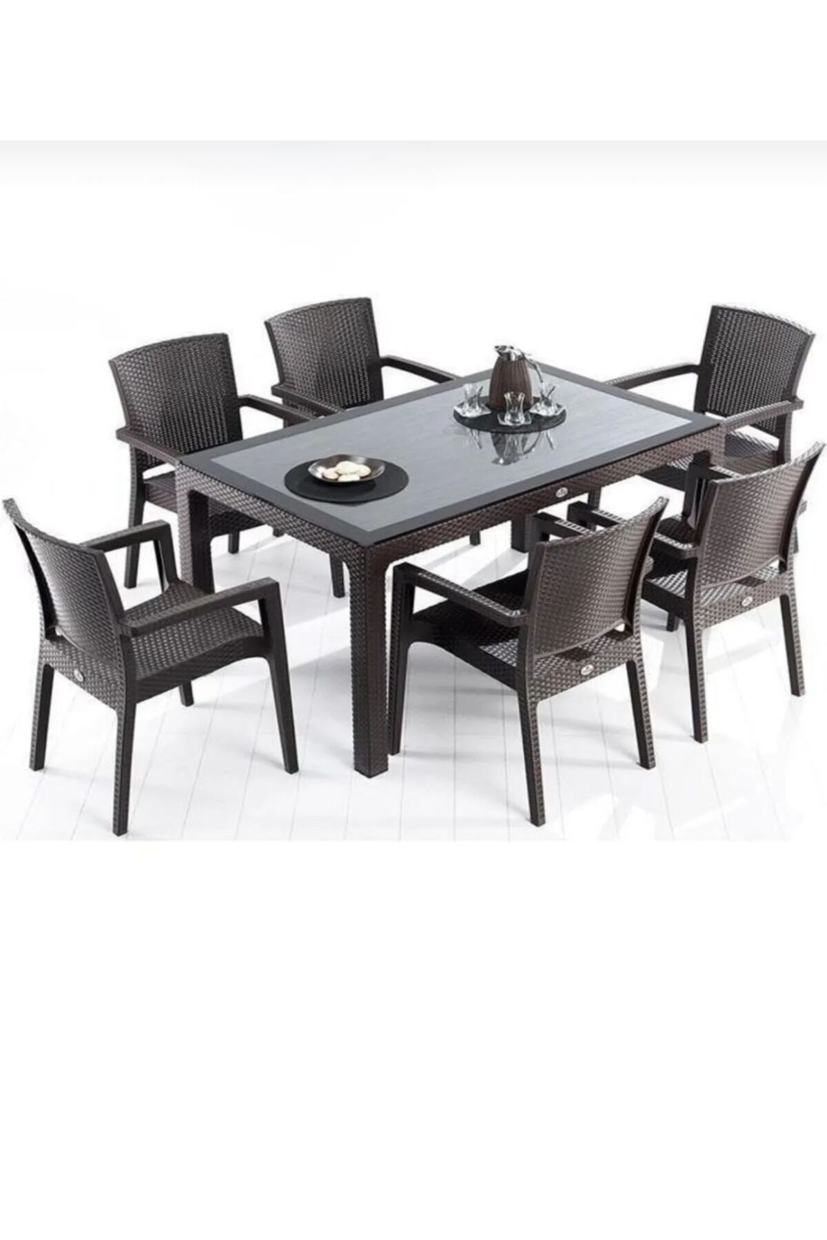 holzwelt 6 Kişilik Bahçe Balkon Takımı Rattan Masa Takımı Plastik Masa Sandalye 90x150 Camlı