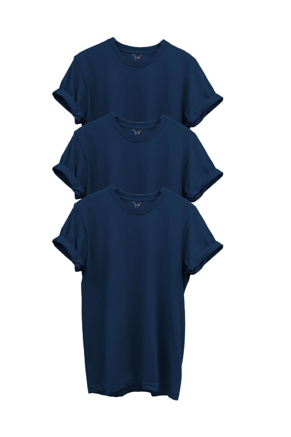 WİDİ 3'lü Lacivert %100 Pamuk Regular Fit Bisiklet Yaka Premium T-shirt