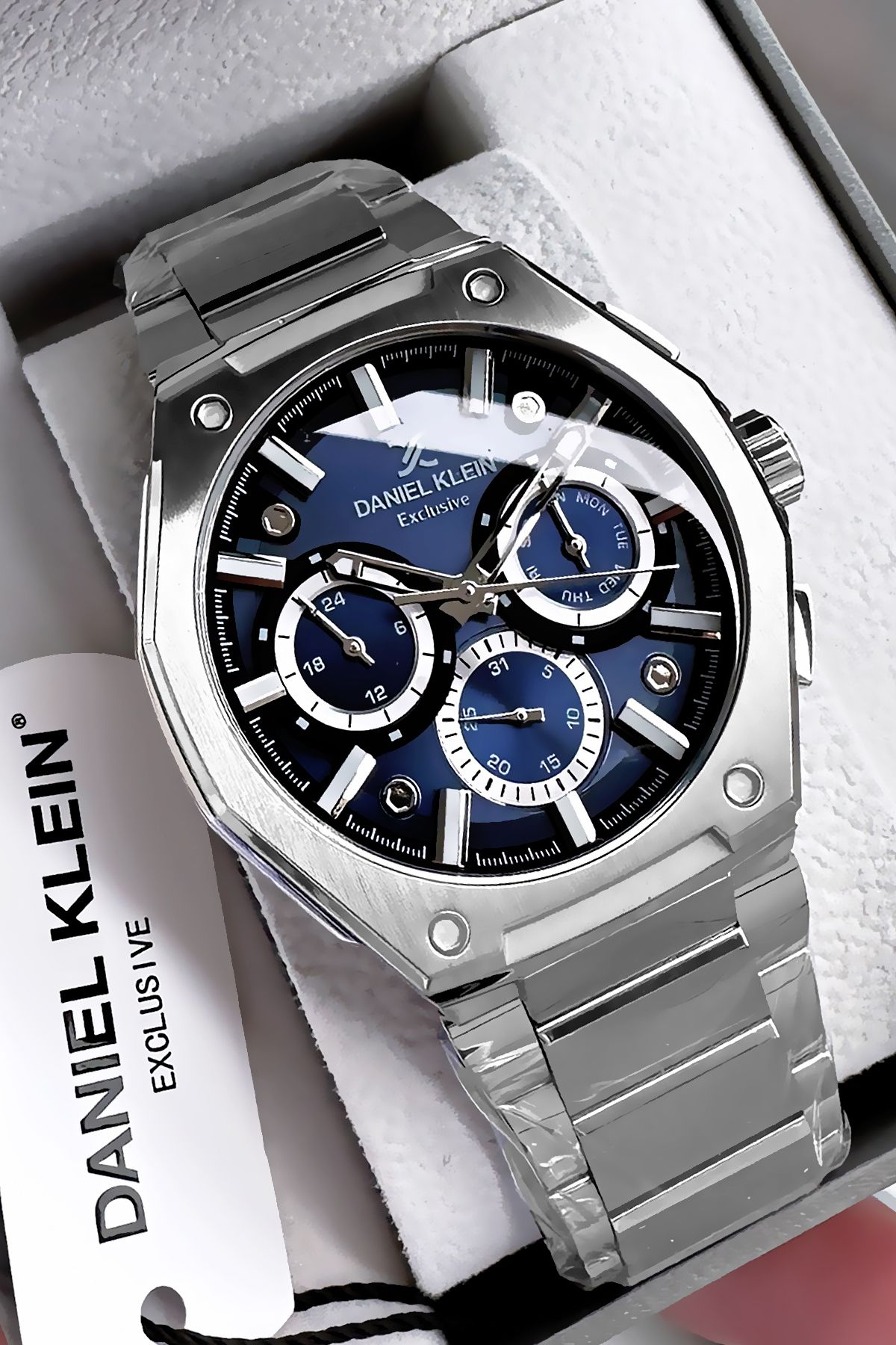 Daniel Klein Exclusive Erkek Kol Saati 3 Atm Su Geçirmez Gümüş Mavi Renk Çelik Kordon Hediye Bileklik DKE2132C1