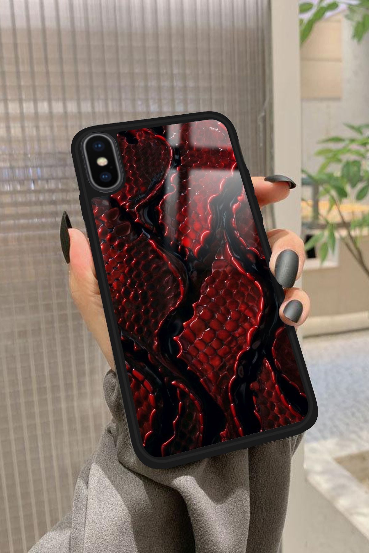 Snacase iPhone X Uyumlu Bordo Yılan Tasarımlı Glossy Premium Kılıf