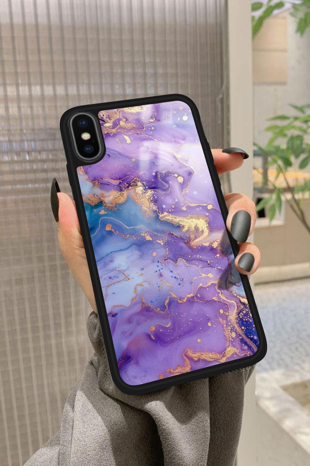 Snacase iPhone X Uyumlu Mor Mermer Tasarımlı Glossy Premium Kılıf