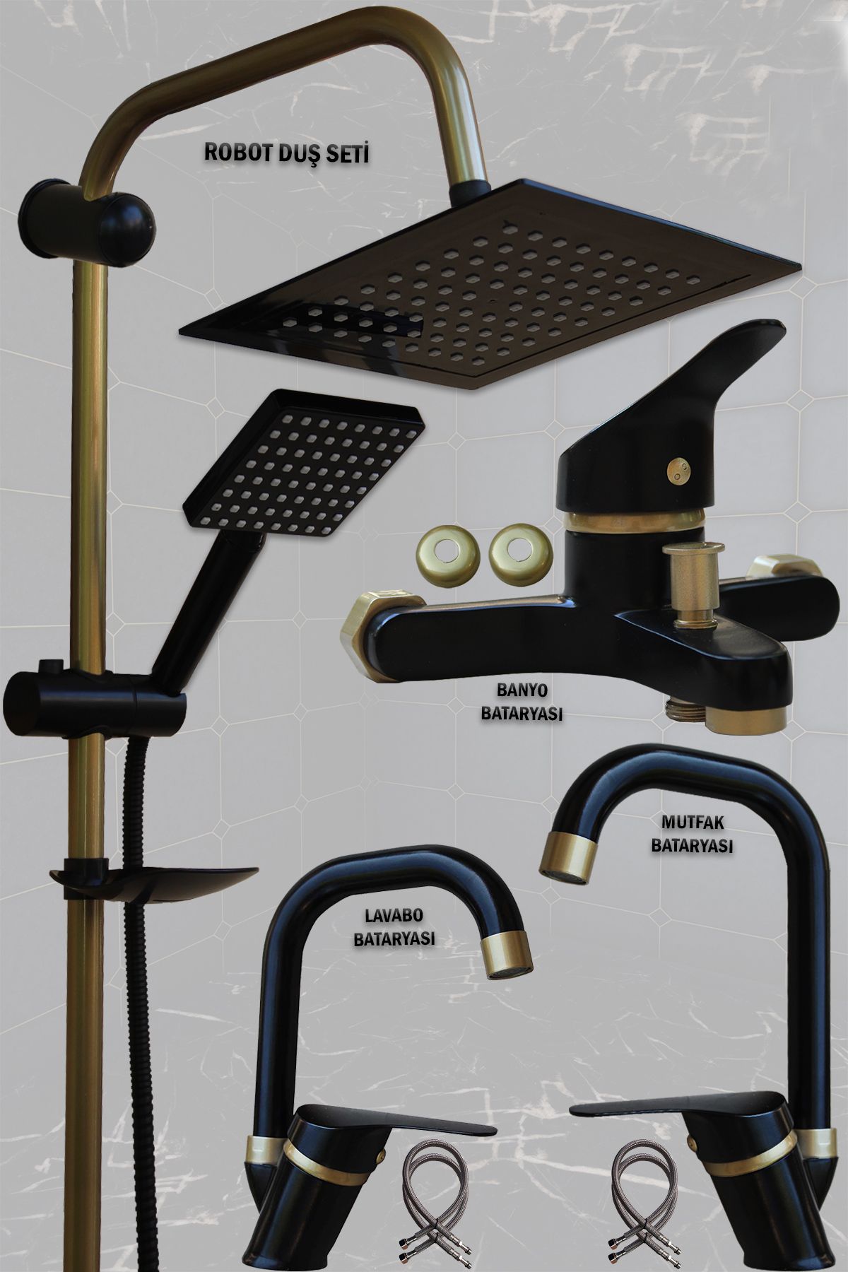 LPD LİDER Robot Tepe Duş Seti Mutfak Banyo Lavabo Bataryası Set Siyah Beyaz Krom Gold