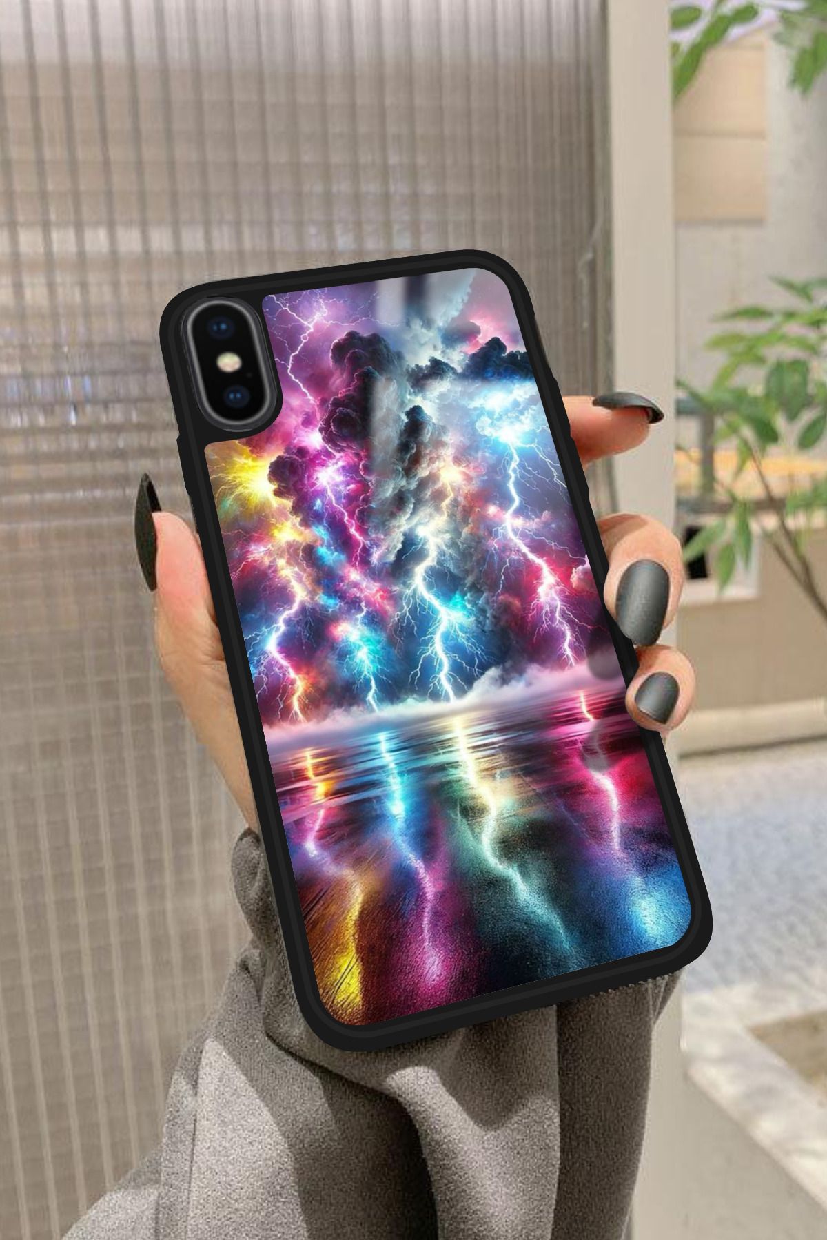 Snacase iPhone Xs Uyumlu Renkli Şimşek Tasarımlı Glossy Premium Kılıf