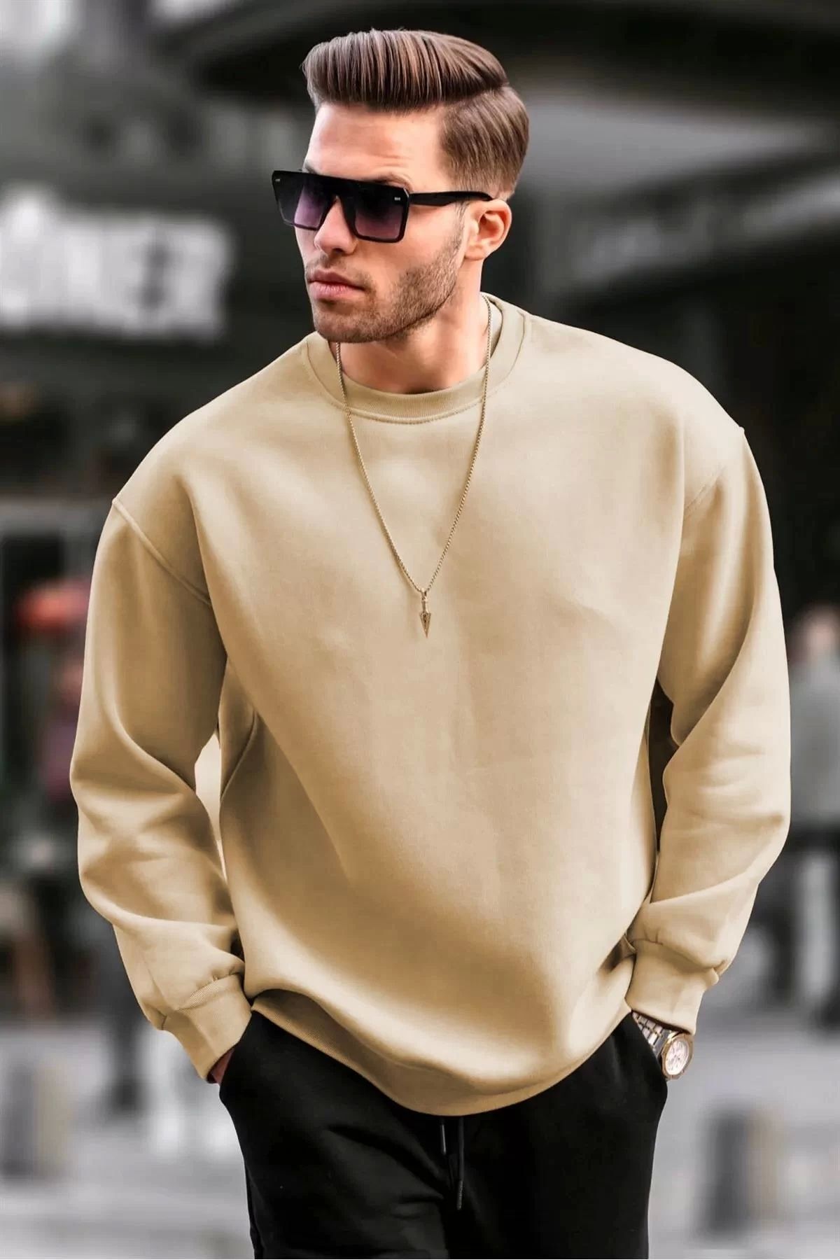 BÜŞRA TEZEL MODA Erkek Düz Bisiklet Yaka Sweat - Bej