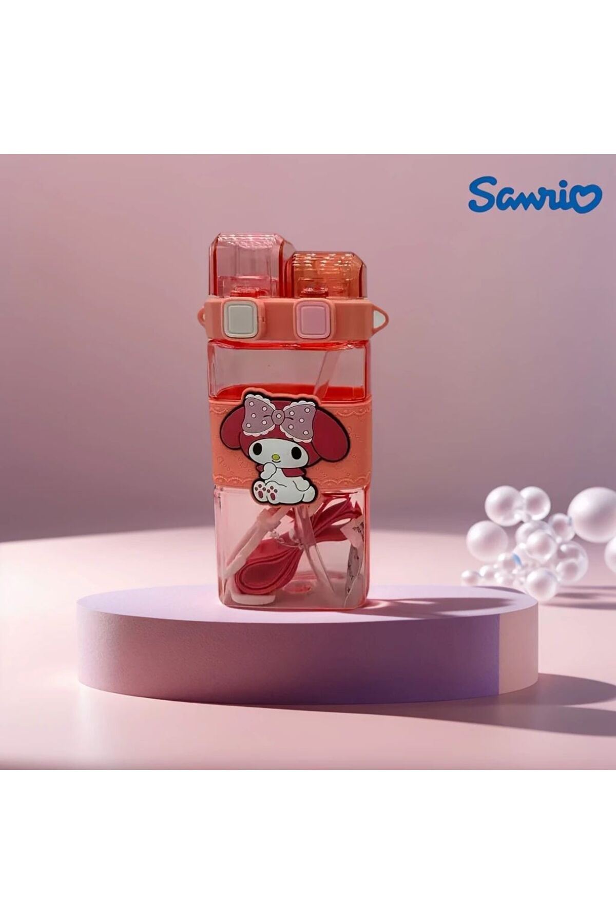 SANRIO Karakterli Kırılmaz Çift Pipetli Su Matarası - Kuromi ve Arkadaşları Temalı Şeffaf Matara