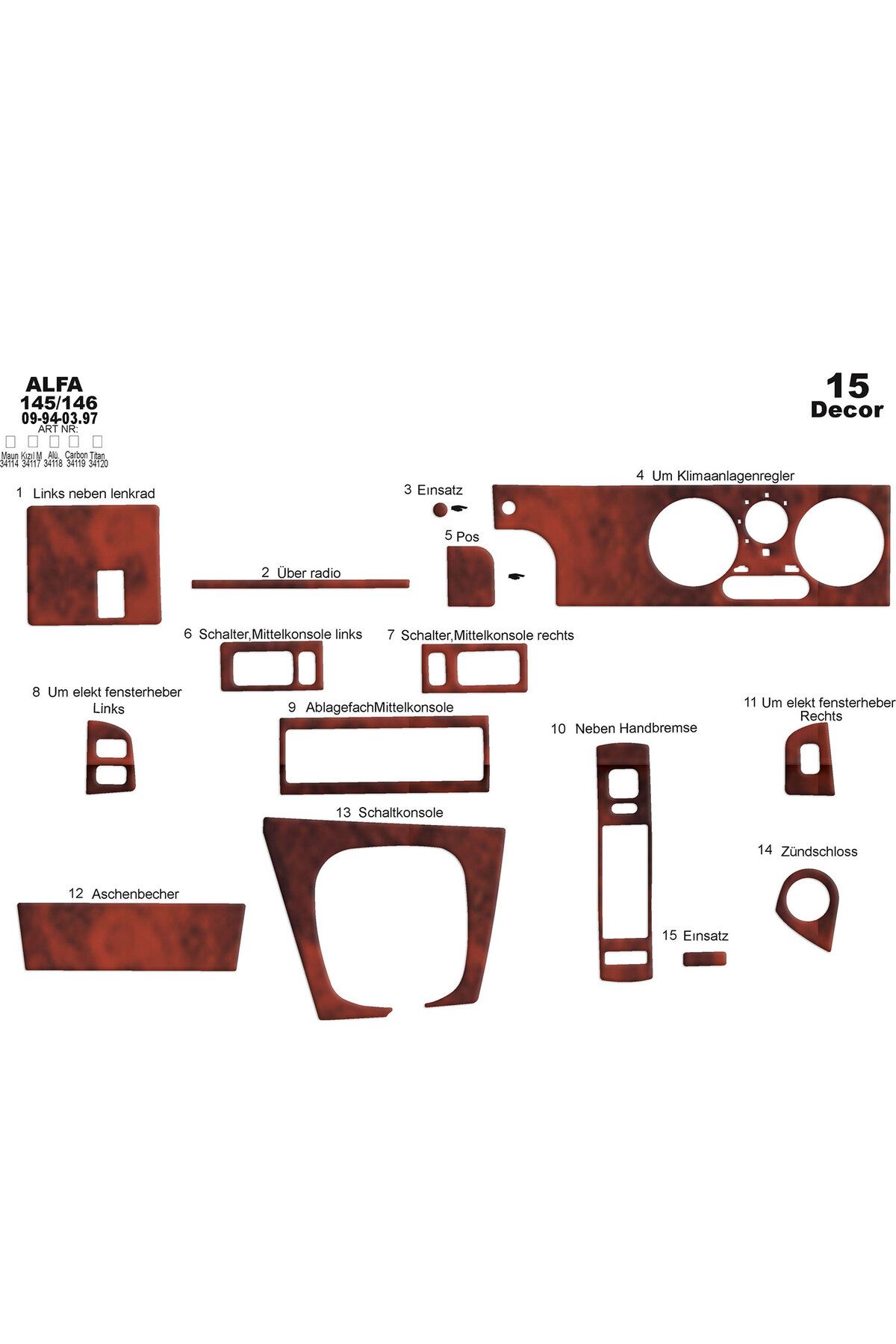 Marscockpitdesign Alfa 145/146 Konsol-Torpido Kaplama 1994-1997 15 Parça