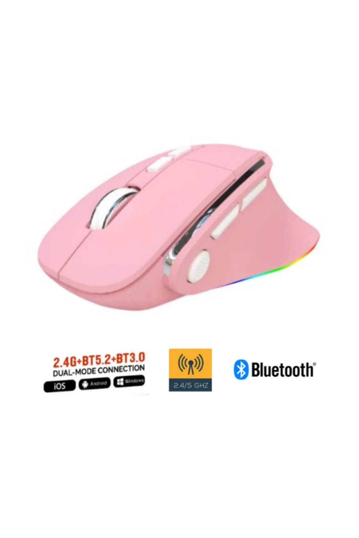 Hietech Kablosuz Ergonomik Zarif Tasarım Mouse RGB Dual Moude 2.4Ghz+BT5.0 Ofis ve Gaming Oyuncu Faresi