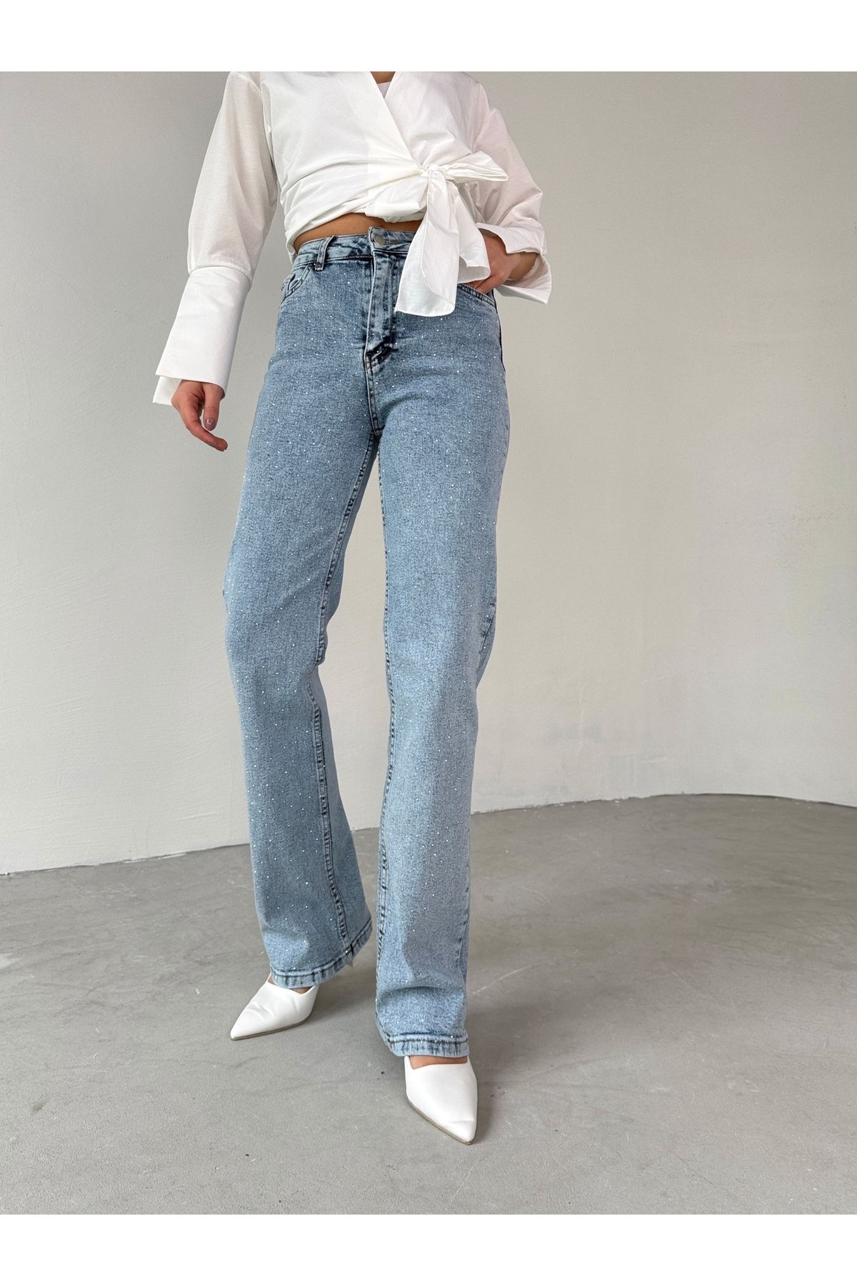 Cappmoda JEAN-08132 Buz Mavi Full Taş İşlemeli Likralı Palazzo Jean
