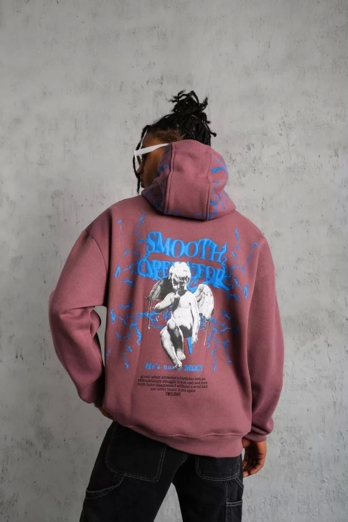 BÜŞRA TEZEL MODA Erkek Yıldırım Baskılı Kapşonlu Sweat - Gül Kurusu